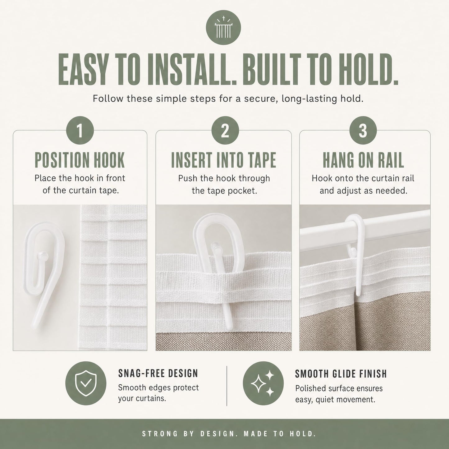 White Plastic Curtain Hooks for Pencil Pleat, Track & Window - 50 Pack