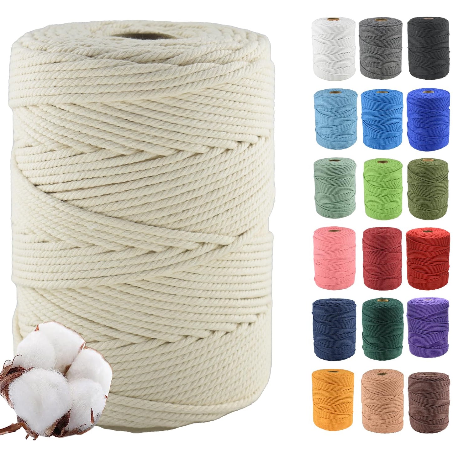 Klhamky 4mm?300m Macrame Cotton Cord, Soft 4 Strand Twisted 100% Natural Cotton for Handmade Wall Hanging, DIY, Craft Making, Knitting, Plant Hangers,