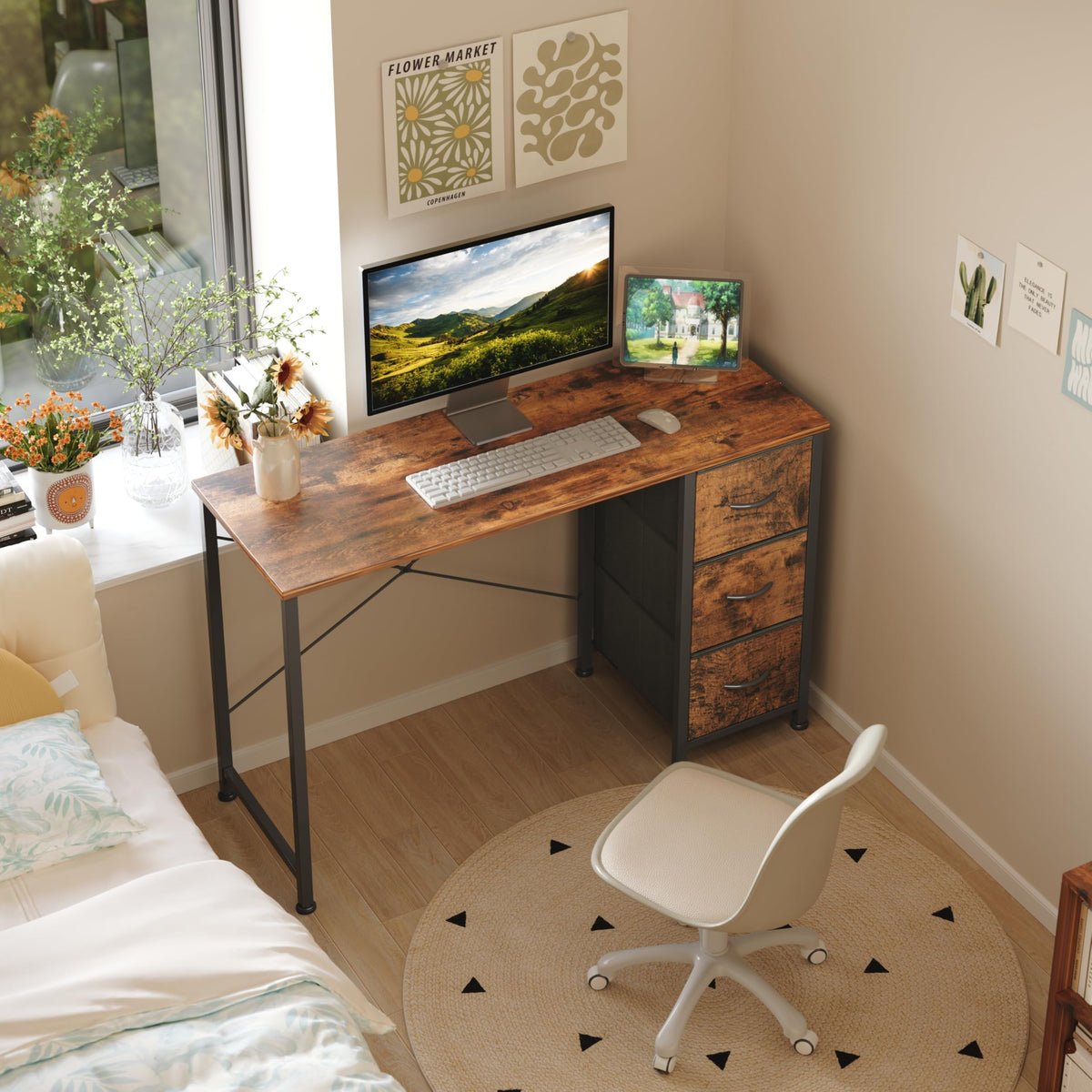 KitMent 120cm Wide Desk, Small Computer Desk with 3 Drawers, Home Office Desk with Adjustable Feet and Sturdy Frame