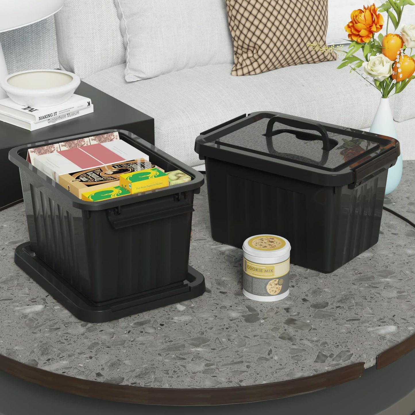 Minekkyes 6 L Plastic Storage Box with Lids/Handles, Stackable Storage Bin with Latching Buckles, 6 Packs, Black