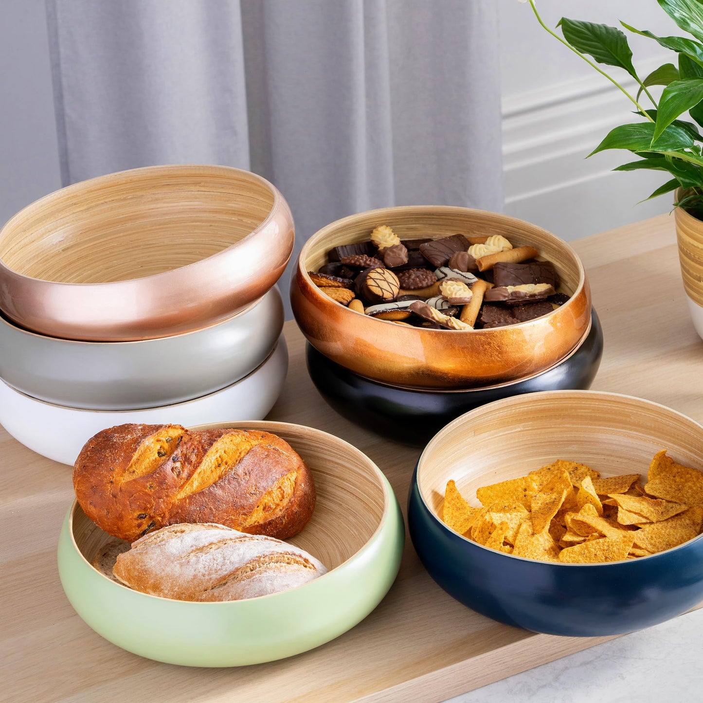 Dehaus Large Bamboo Fruit Bowl - 30cm, Copper Gold Leaf - Wooden Salad Serving Bowl - Fruit Basket for Kitchen or Bread Basket - Table Centrepiece