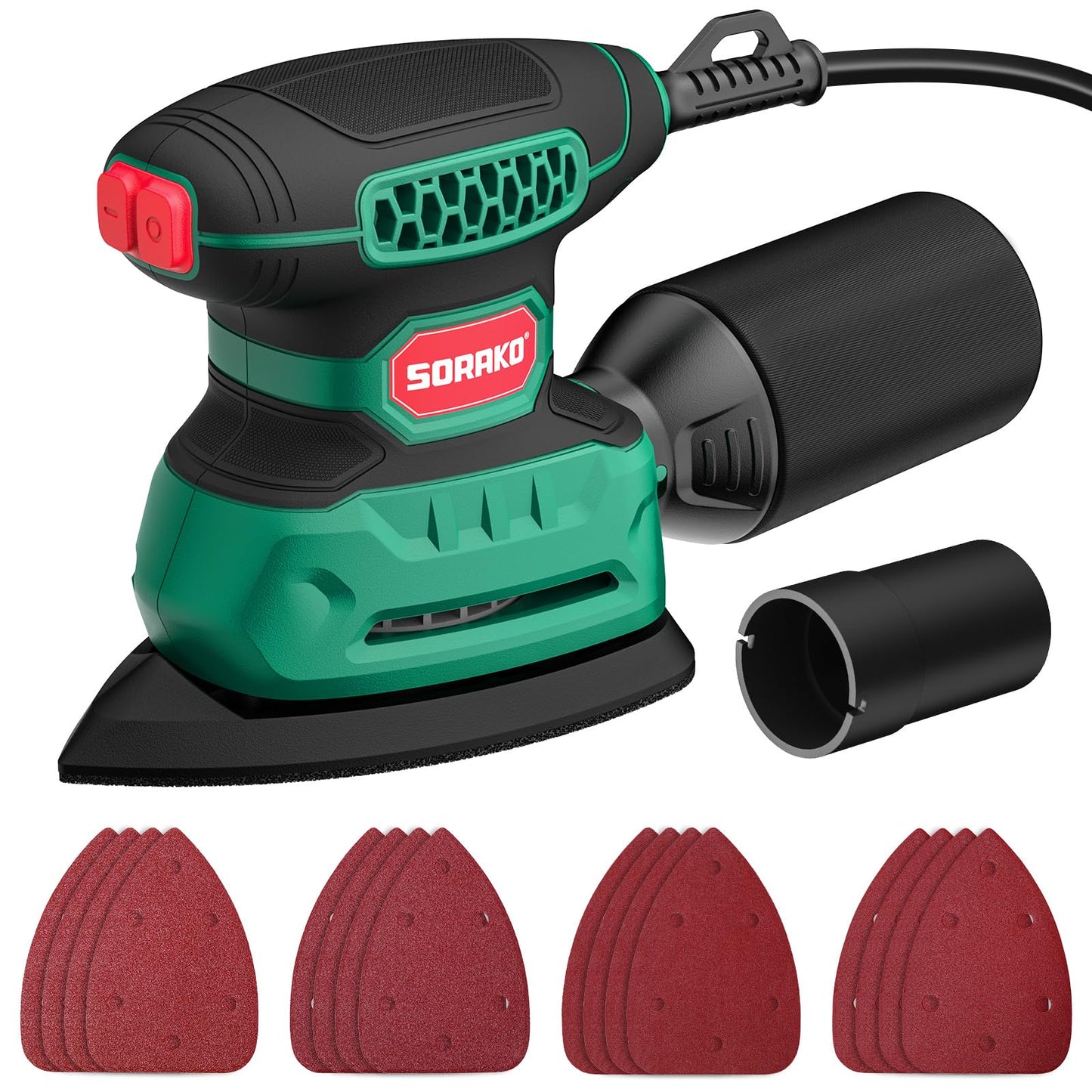 SORAKO Electric Sander,220W 14000 OPM 230V Sander for Wood with Dust Collector and 16 Pieces of Sandpaper, Compact Sanding Machine is Perfect for