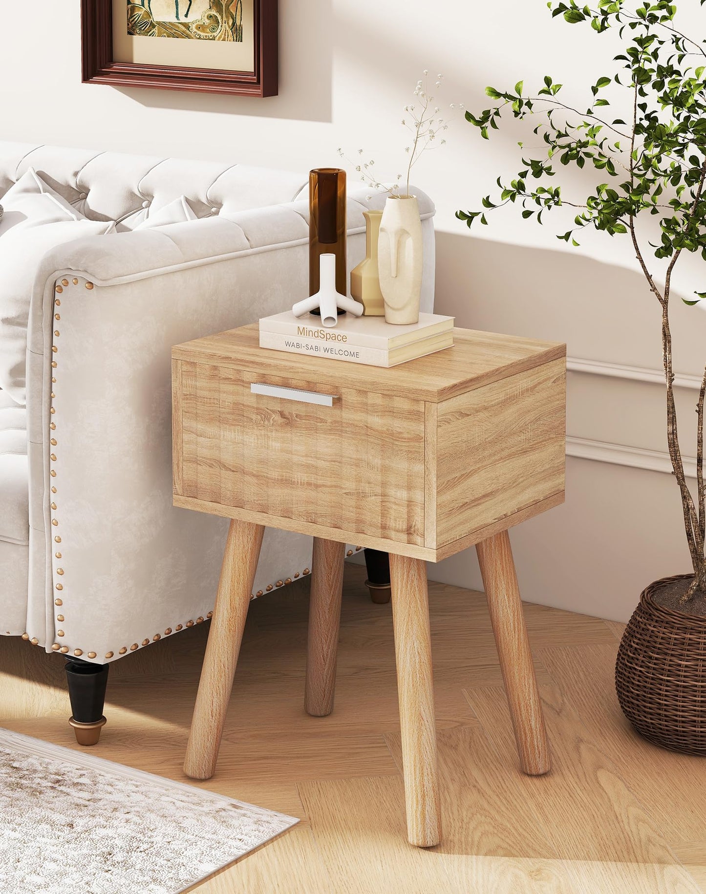 YMYNY Fluted Nightstand Set of 2, Small End Table, Modern Coffee Table with Drawer, Solid Wood Legs, Retaining Chain, 35x27x53cm