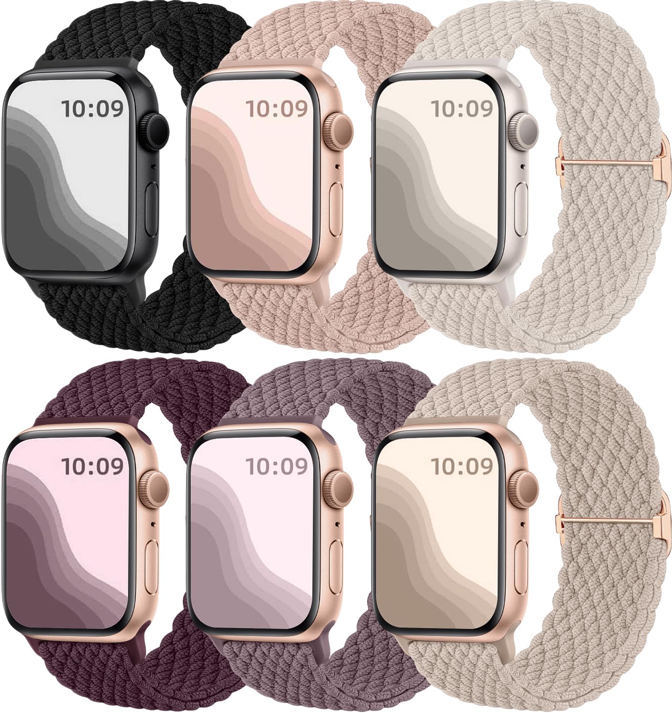 Maledan 6 Pack Braided Solo Loop Compatible with Apple Watch Straps 40mm 38mm 41mm 42mm for Women Men, Adjustable Nylon Stretchy Elastic Sport Band