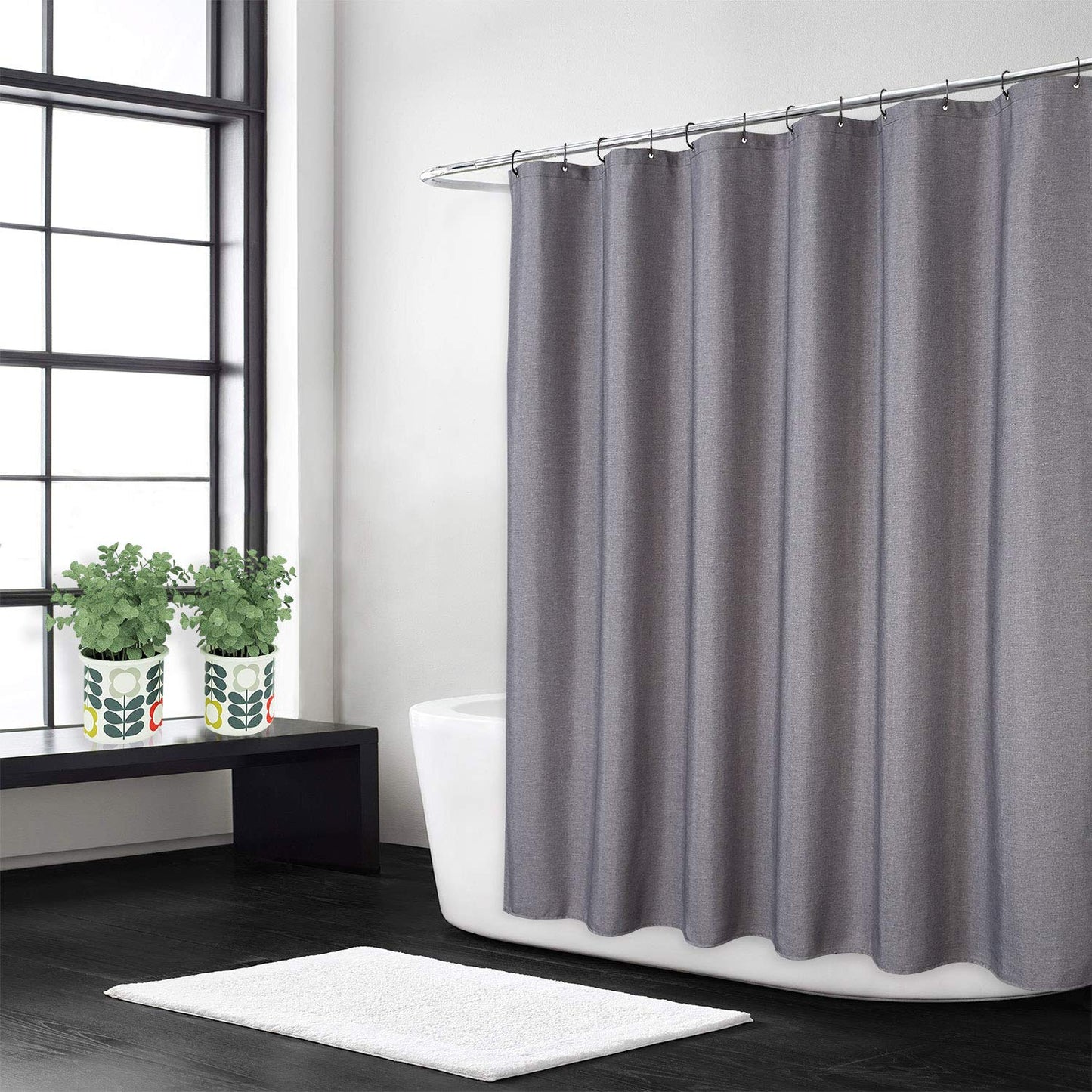 Hotel Luxury Flax Linen Like 240GSM Heavy Weight Fabric Shower Curtain with Hooks Washable, Grey, 150x200 cm