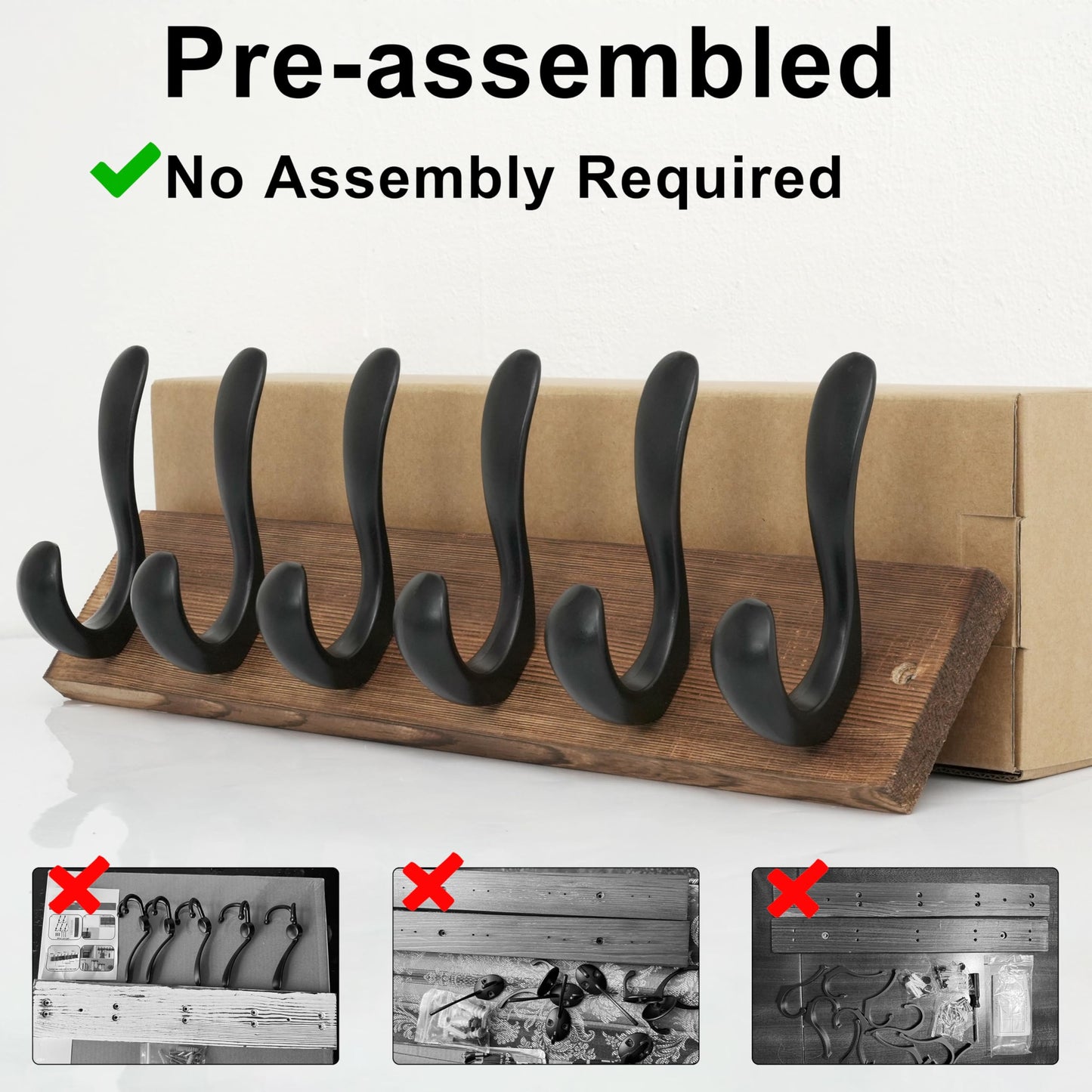 HONSKY Heavy Duty Wall Mounted Coat Rack, 43cm Wooden Coat Hanger with 6 Double Metal Hooks, Sturdy Wall Hanger for Hallway, Entryway, Bedroom