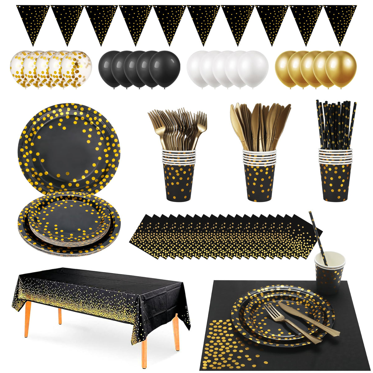 Black and Gold Party Cutlery, Party Cutlery set Includes Paper Plates, Napkins Cups Straws and Cutlery for Engagement Anniversaries Graduation
