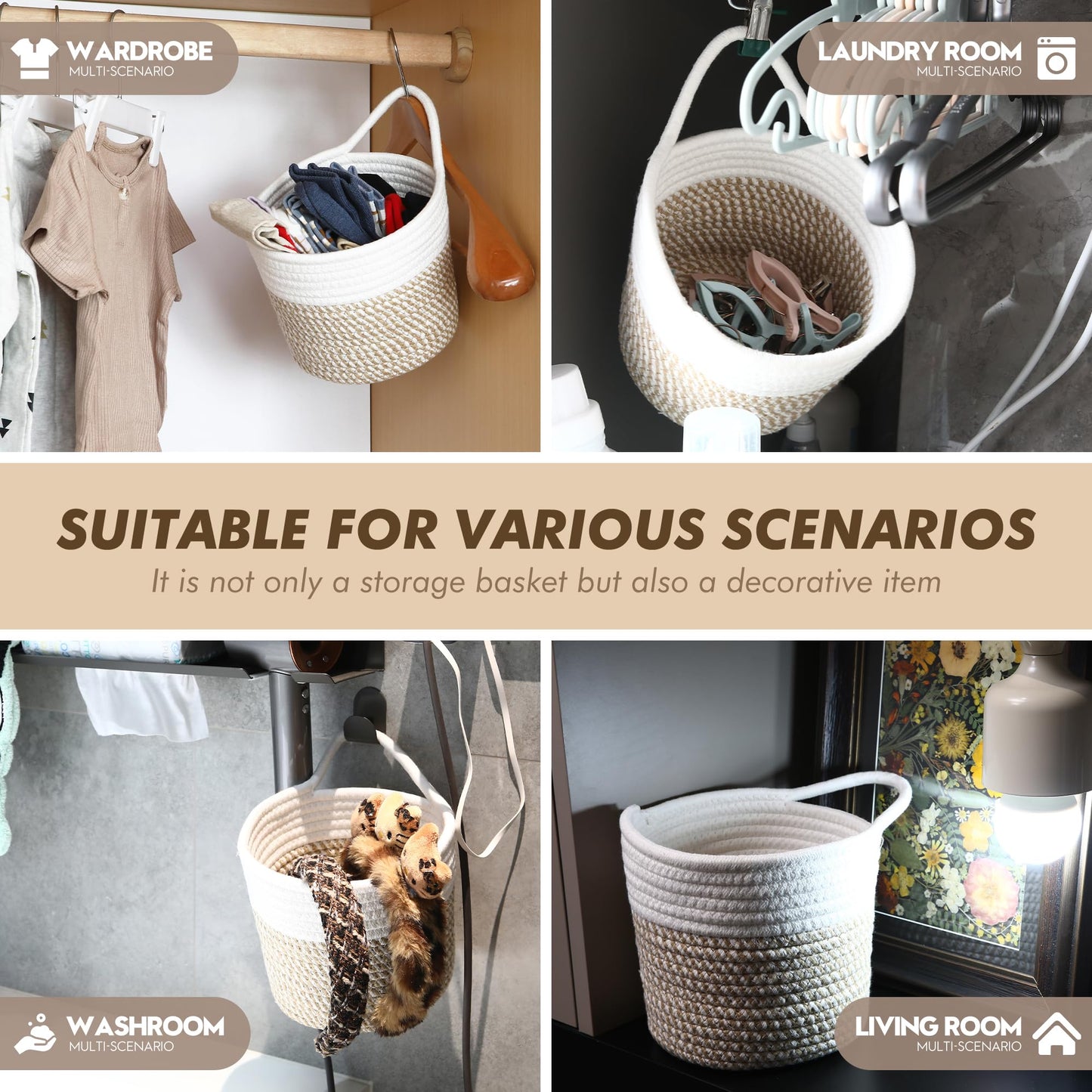 Sea Team Two Tone Woven Cotton Rope Hanging Wall Storage Basket
