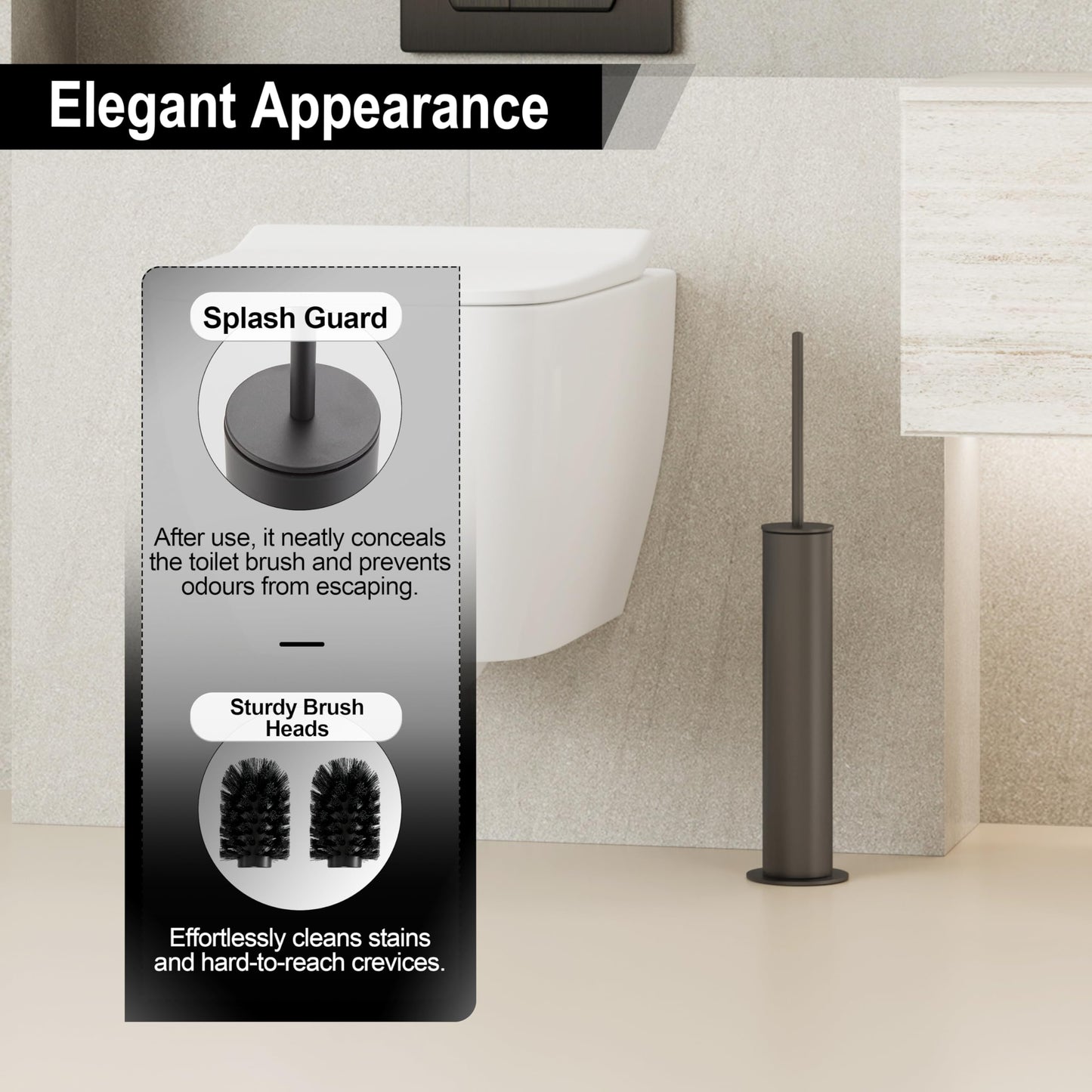 BVL Toilet Brush, Grey, Metal Toilet Brush Including 2 Brush Heads, Slim Design Toilet Brush Round for the Bathroom