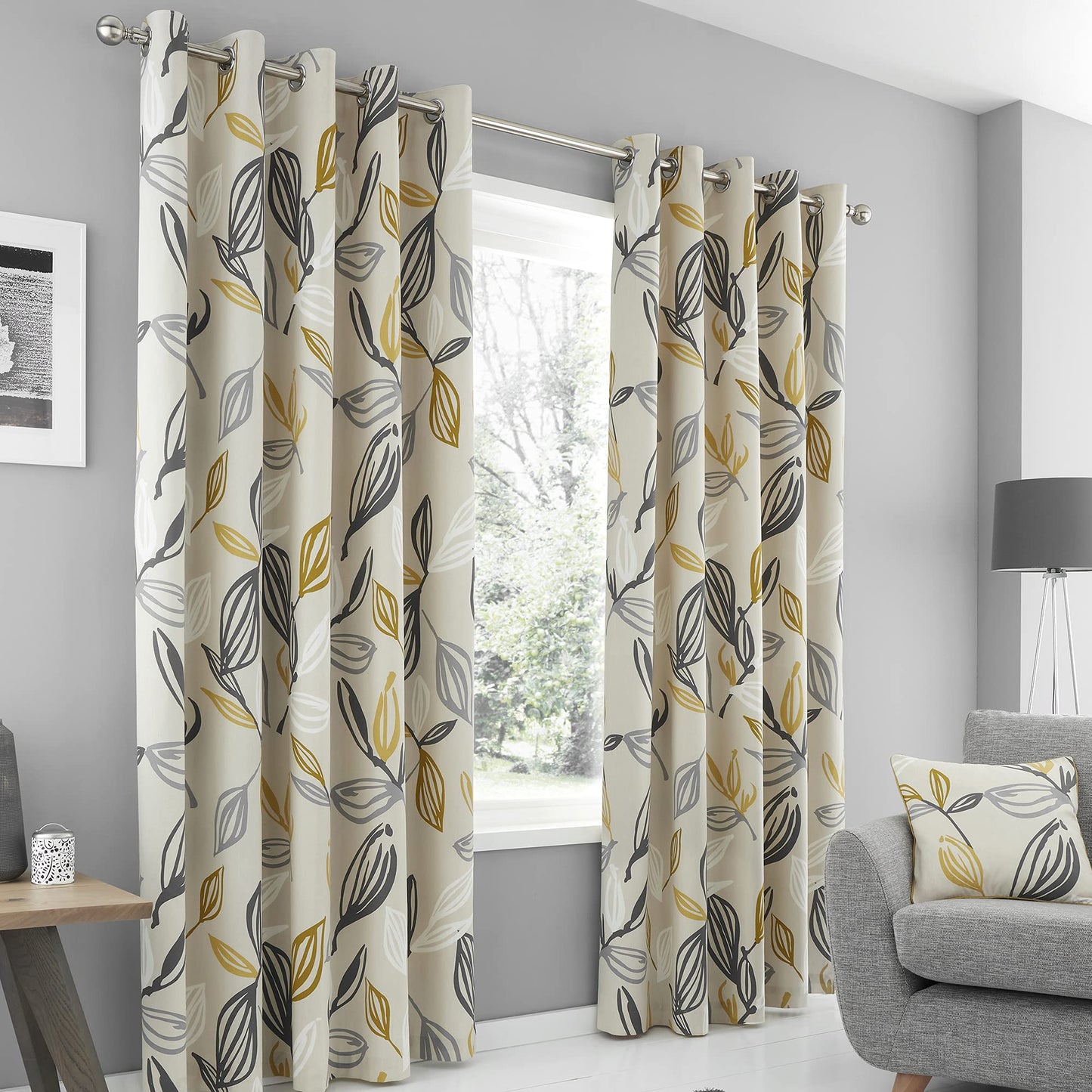 Fusion - Grey & Ochre Leaf Curtains W90 x L72" (229 x 183cm) - 2x Panels - 100% Cotton - Yellow Eyelet Curtains with Leaf Prints - Leaves Curtains &