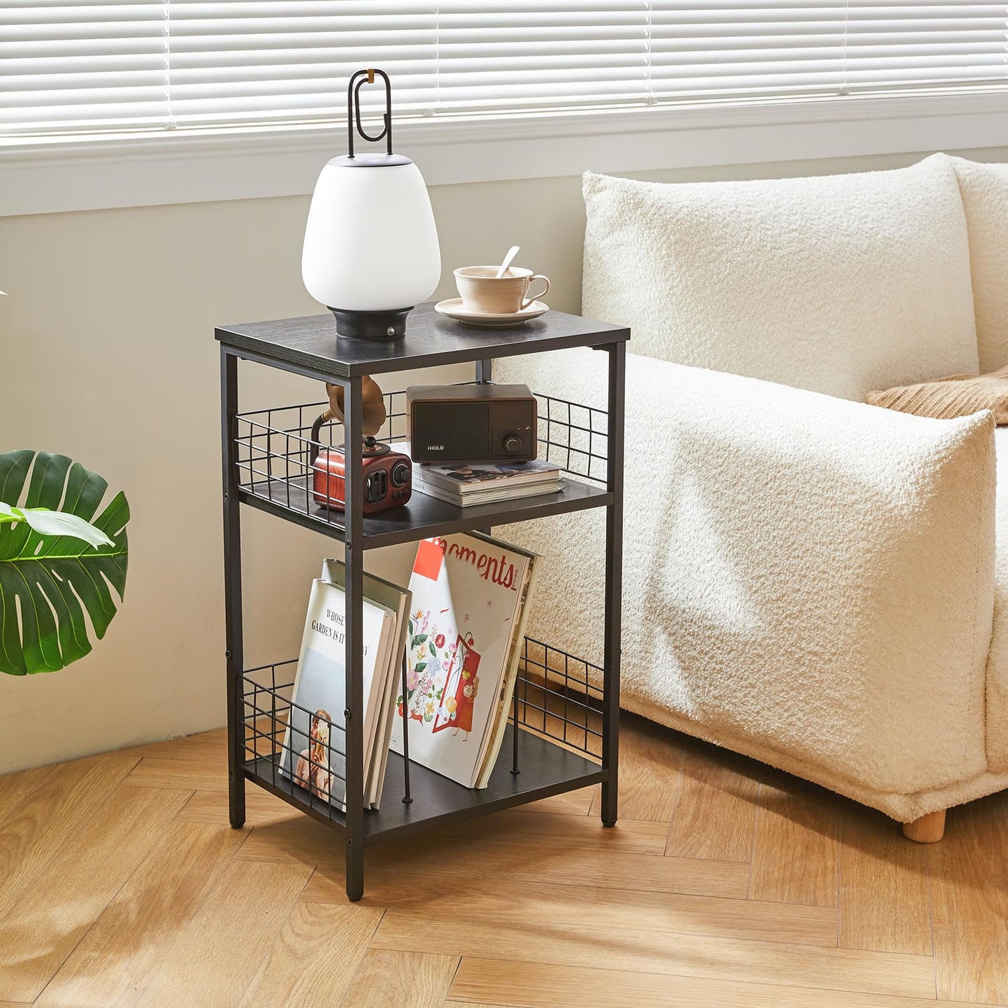 YMYNY 3 Tier End Table, Record Player Stand with Storage, Industrial Tall Side Table, Small Bookshelf, Bookcase, Display Rack, Telephone Table for