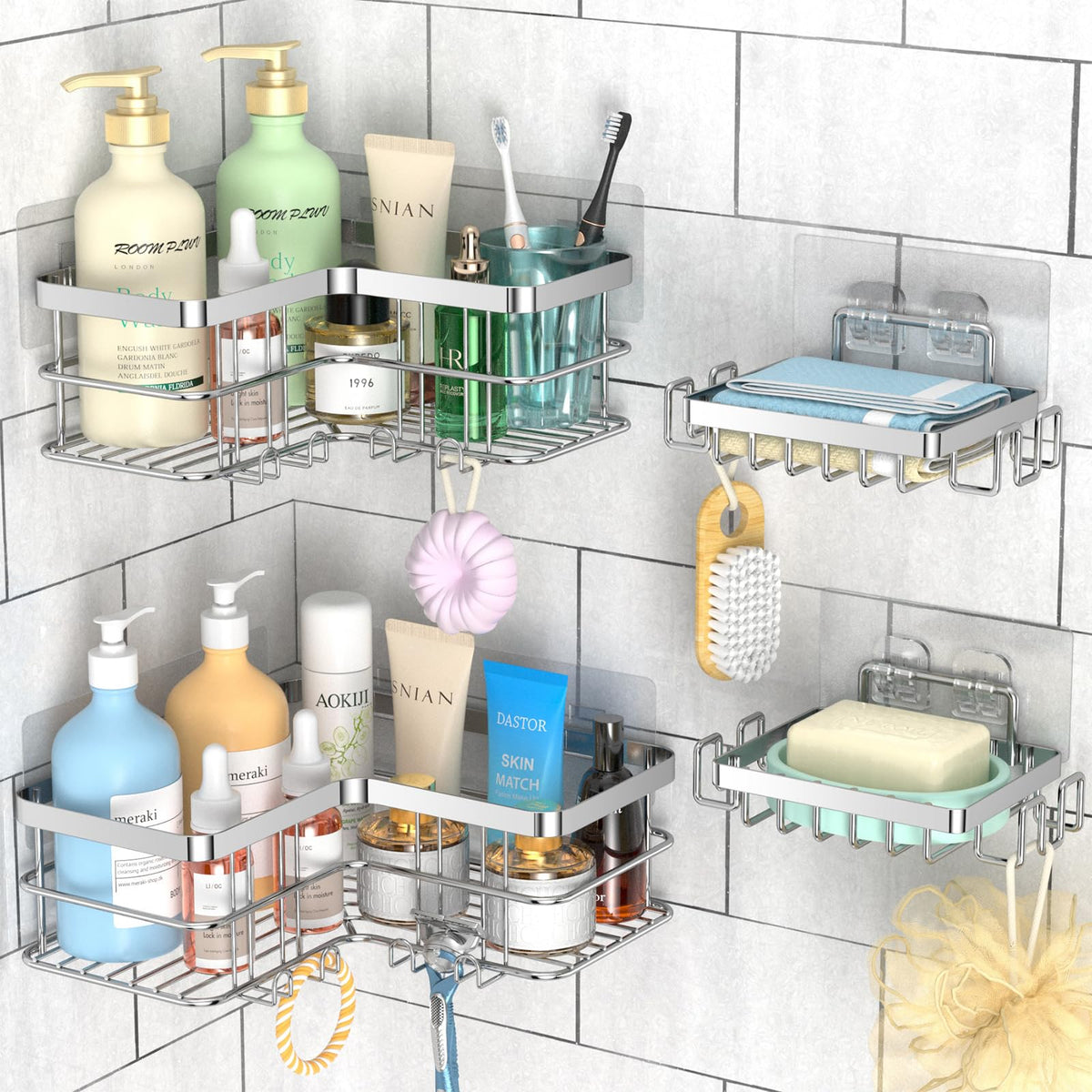 Yazoni Corner Shower Caddy 4-Pack, Adhesive Bathroom Shelves with Soap Holder No Drilling, Rustproof Stainless Steel Bathroom Organizer Wall Mounted,