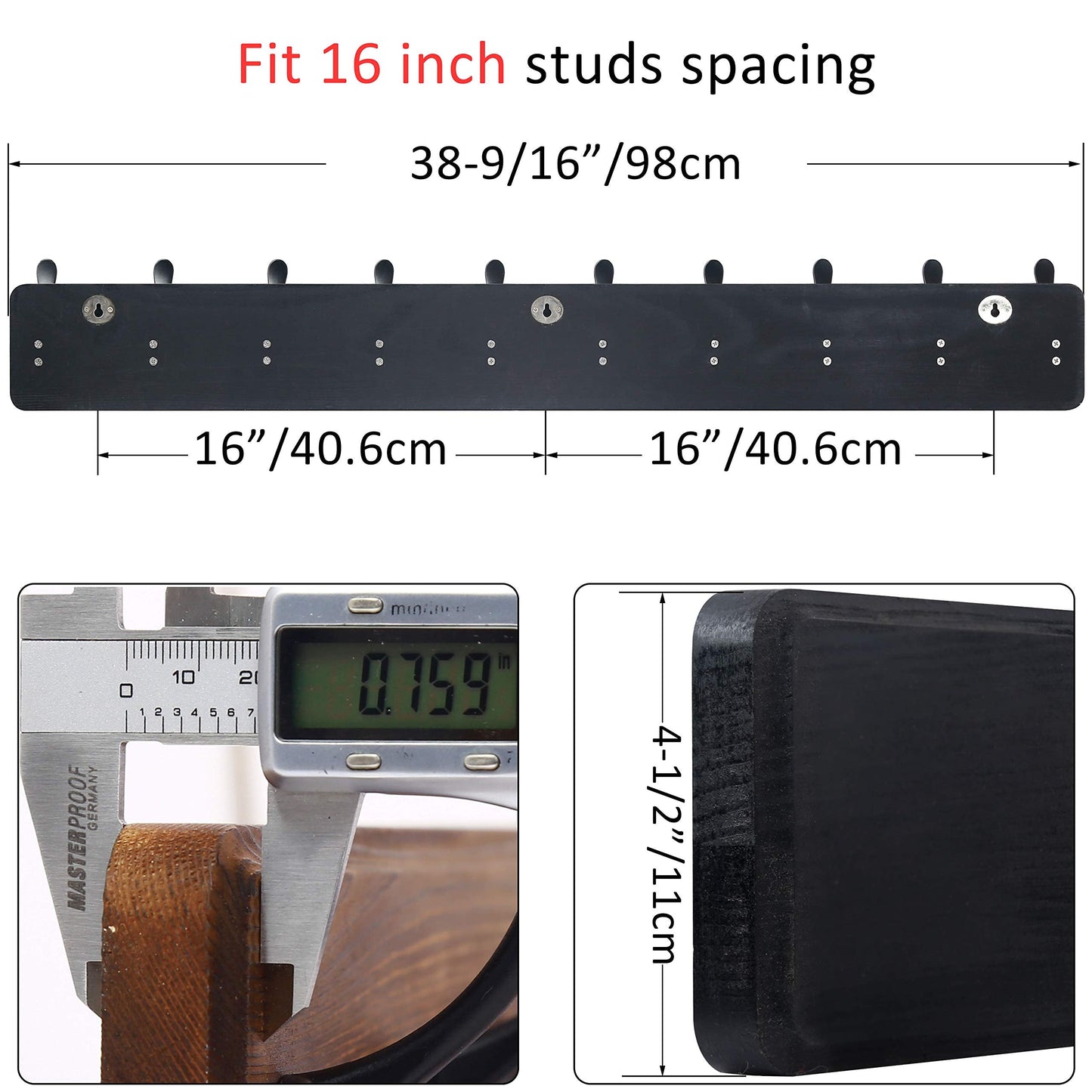WEBI Coat Rack Wall Mounted Long, 98cm Long,10 Tri Hooks for Hanging Coats,16" Hole to Hole,Wood Coat Hooks Wall Mounted,Wall Coat Hanger,Hook Rack