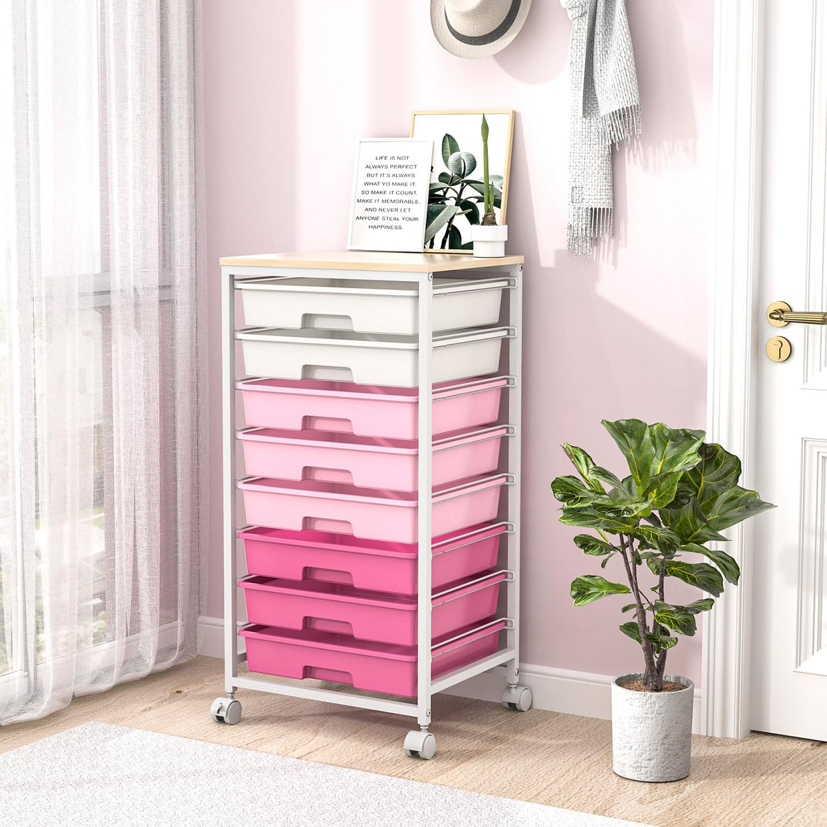SYKIARIOL 8-Drawer Storage Trolley Rolling Cart with Lockable Wheels, Rose