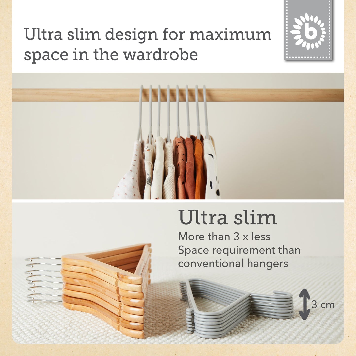 Bieco Children's Clothes Hangers 32 Pcs Grey | Length approx. 30 cm | Baby Clothes Hangers | Kids Coat | Baby | Organiser | Dividers