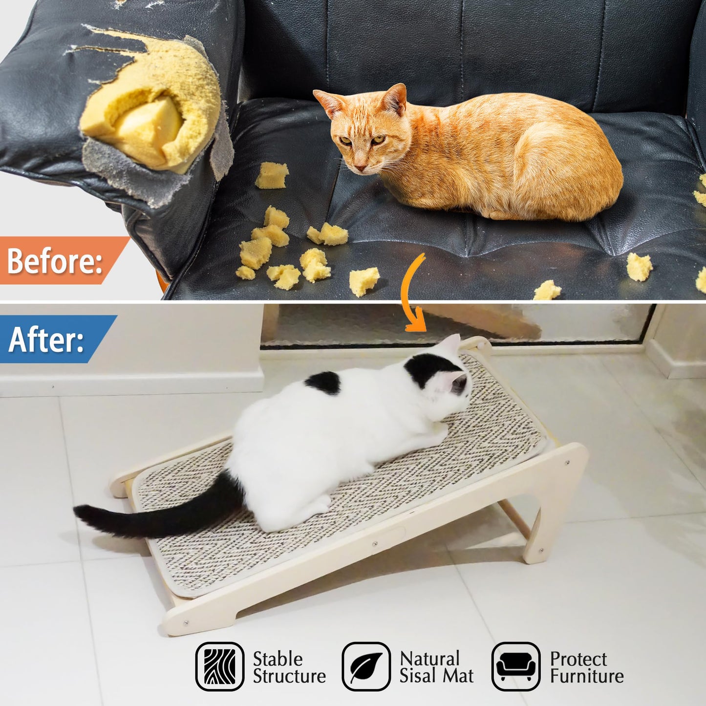 PETKARAY Cat Scratcher, Sisal Scratching Ramp, L Shape Cat Scratch Pad for Indoor Cats, 27" Wall Furniture Protector with Mouse Toy