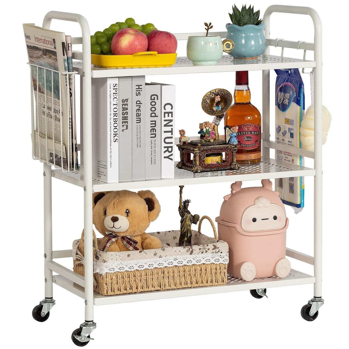 HDANI Serving Trolley,3-Tier Metal Trolley,White,Mesh with Basket