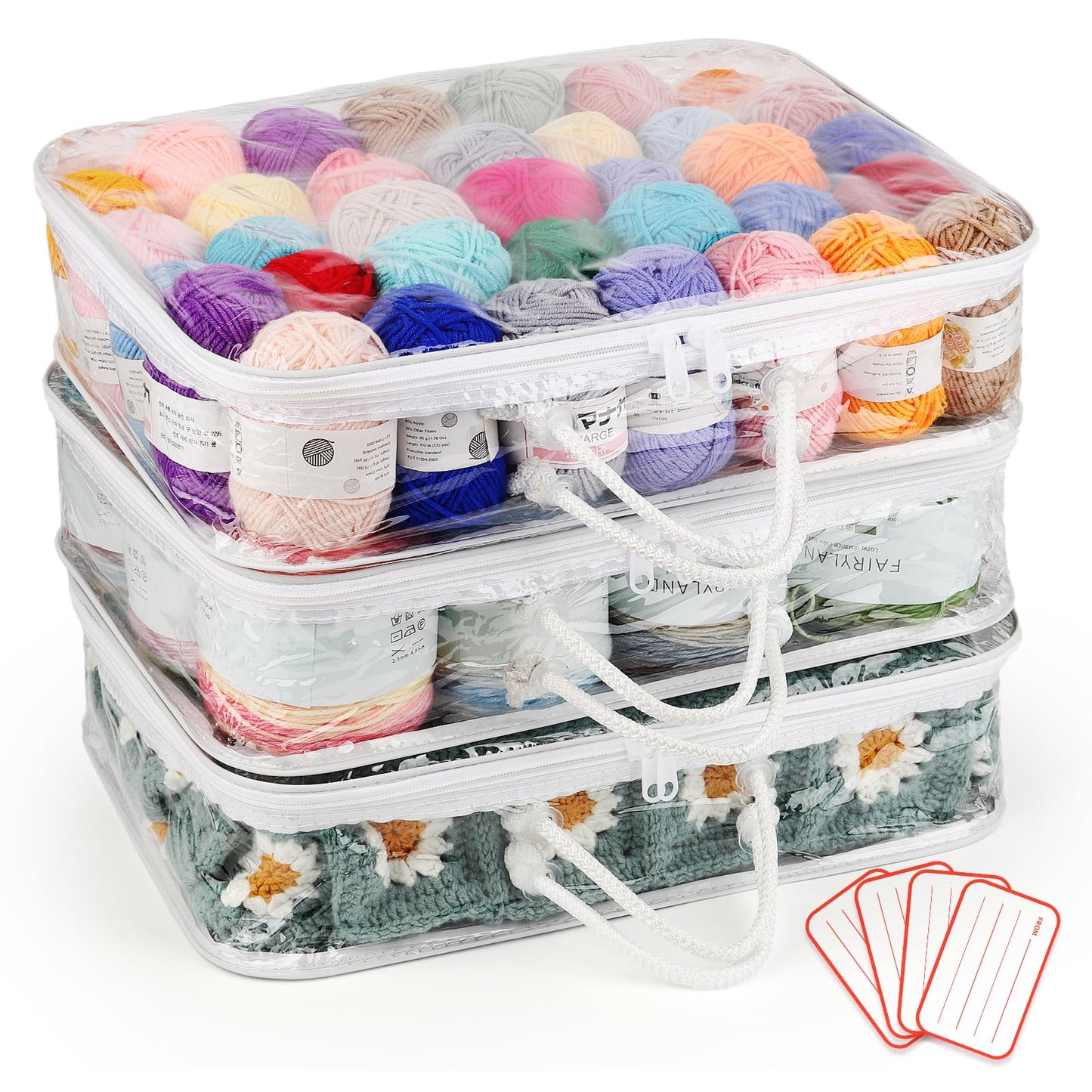 Coopay 3pcs Clear Yarn Storage Organiser, Dust-Proof & Waterproof Yarn Oragnizer with 4 Lables, Portable Wool Storage Bag with Handle, Knitting