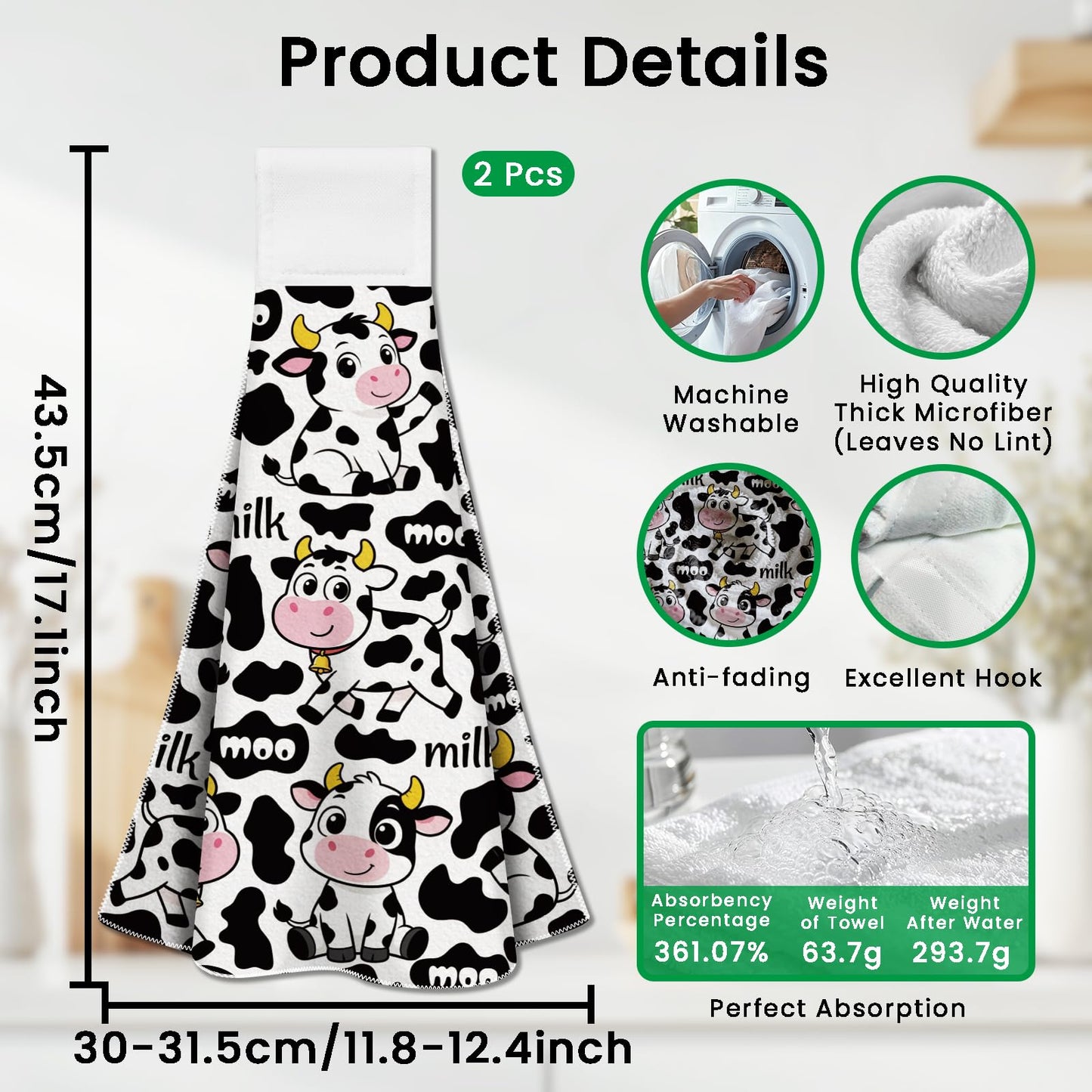 CUTHOLLOW 2 Pcs Cartoon Cows Hanging Kitchen Towels with Loop