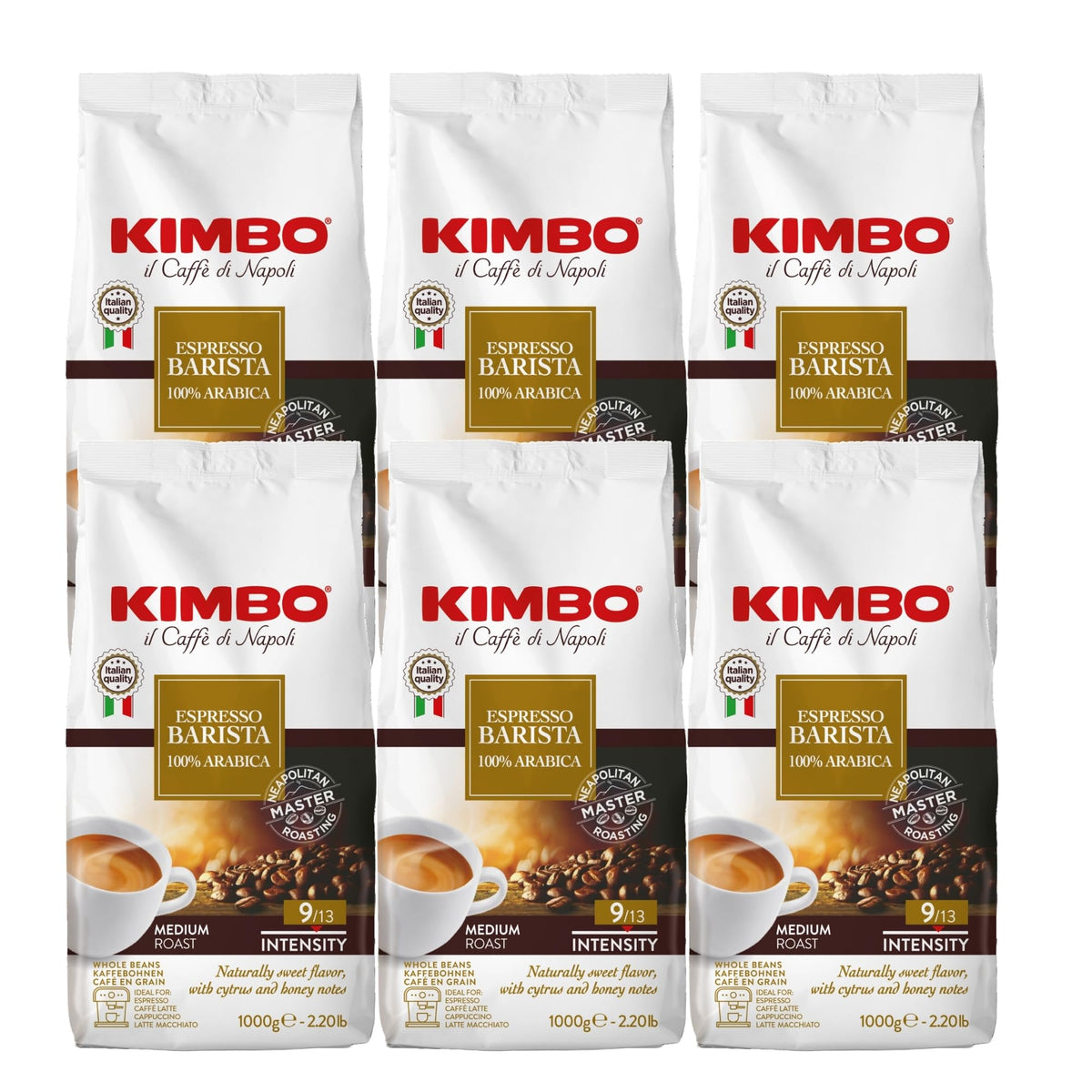 Kimbo Coffee, Espresso Barista, Italian Whole Coffee Beans, Medium Roast, 9/13, 6 x 1kg