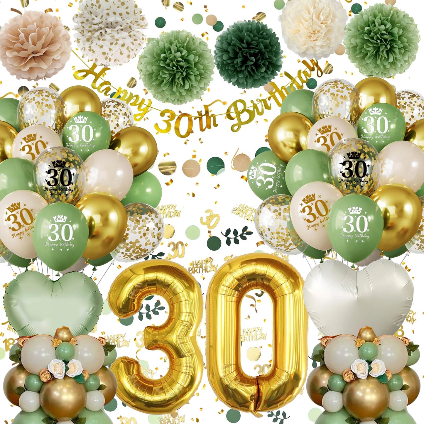 30th Birthday Decoration for Women Men, Green Gold Birthday Balloons Decorations with 30th Banner, Number 30 Foil Balloon for Party Decorations