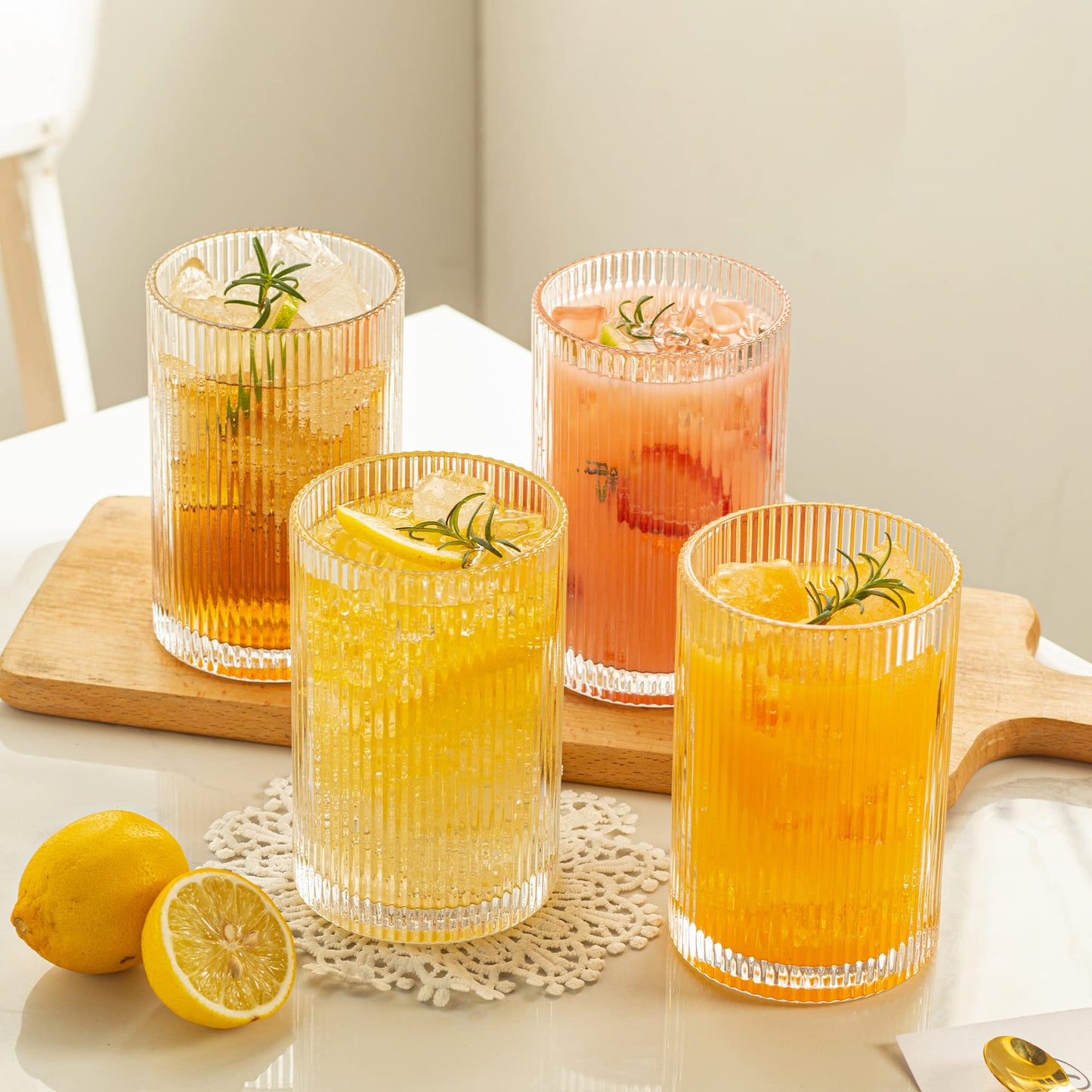 POLIDREAM Vintage Ribbed Glassware Set: 4pcs 16.9oz XL Drinking Glasses, Fluted Ripple Drinkware, Origami Style, Elegant Glassware for Whiskey,