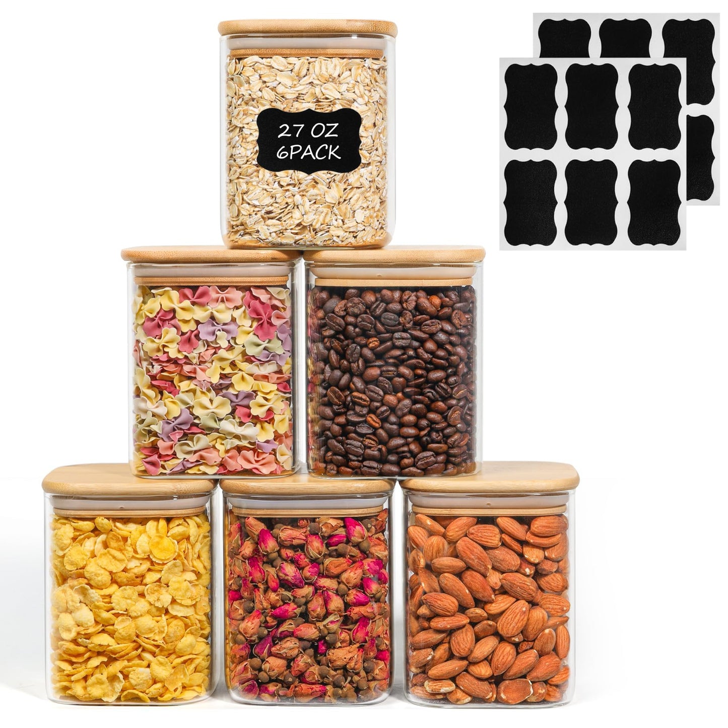 ComSaf 27oz/800ml Glass Food Storage Jars Set of 6, Clear Storage Containers with Airtight Bamboo Lid, Pantry Organization Jar, Spice, Tea, Coffee and