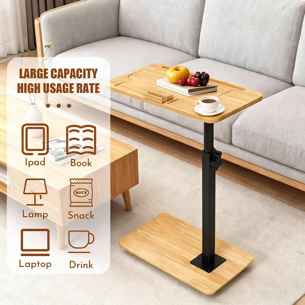 YASHIIN Bamboo Rotating TV Tray,Adjustable Height,Sofa Side Table,with Phone and Tablet Slot, Bedside Table for Living Room Sofa or Bedroom