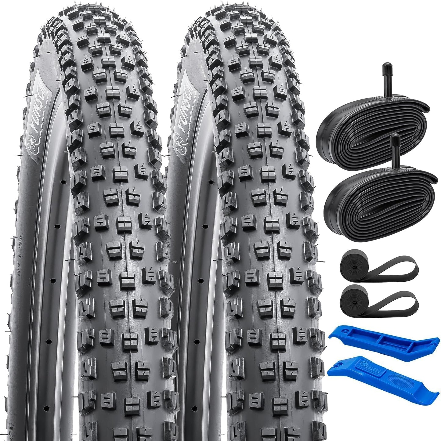 YunSCM 2 Pack 60TPI 26" Bike Tyres 26x2.35/60-559 and 26" Bike Tubes AV32mm Schrader Valve Compatible with 26x2.25 26x2.30 26x2.35 26x2.40 MTB Bike