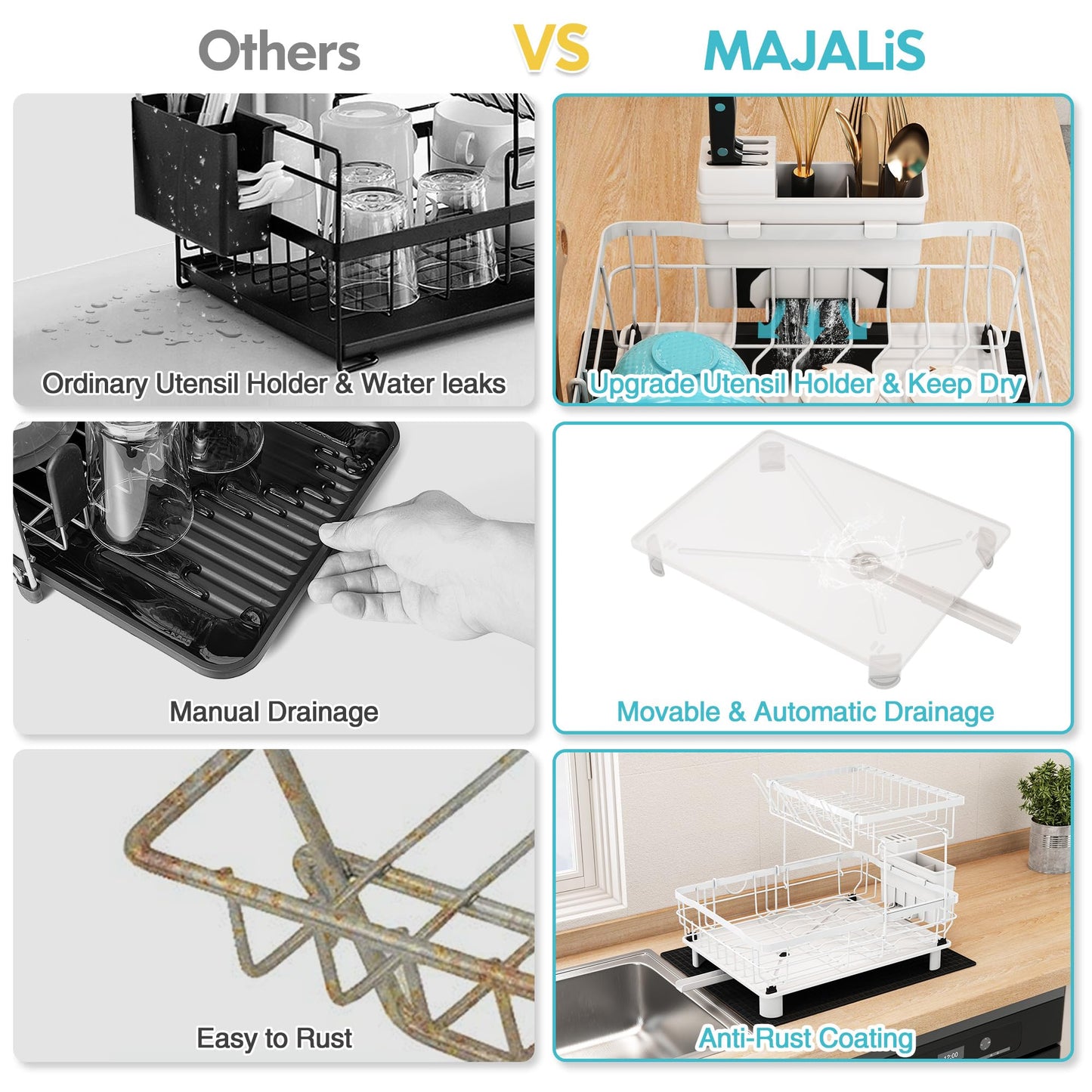 MAJALiS Dish Drying Rack, 2 Tier Dish Drainer Rack with Drip Tray and Drainer Mat, Stainless Steel Dish Rack with Utensil Holder, Swivel Spout,
