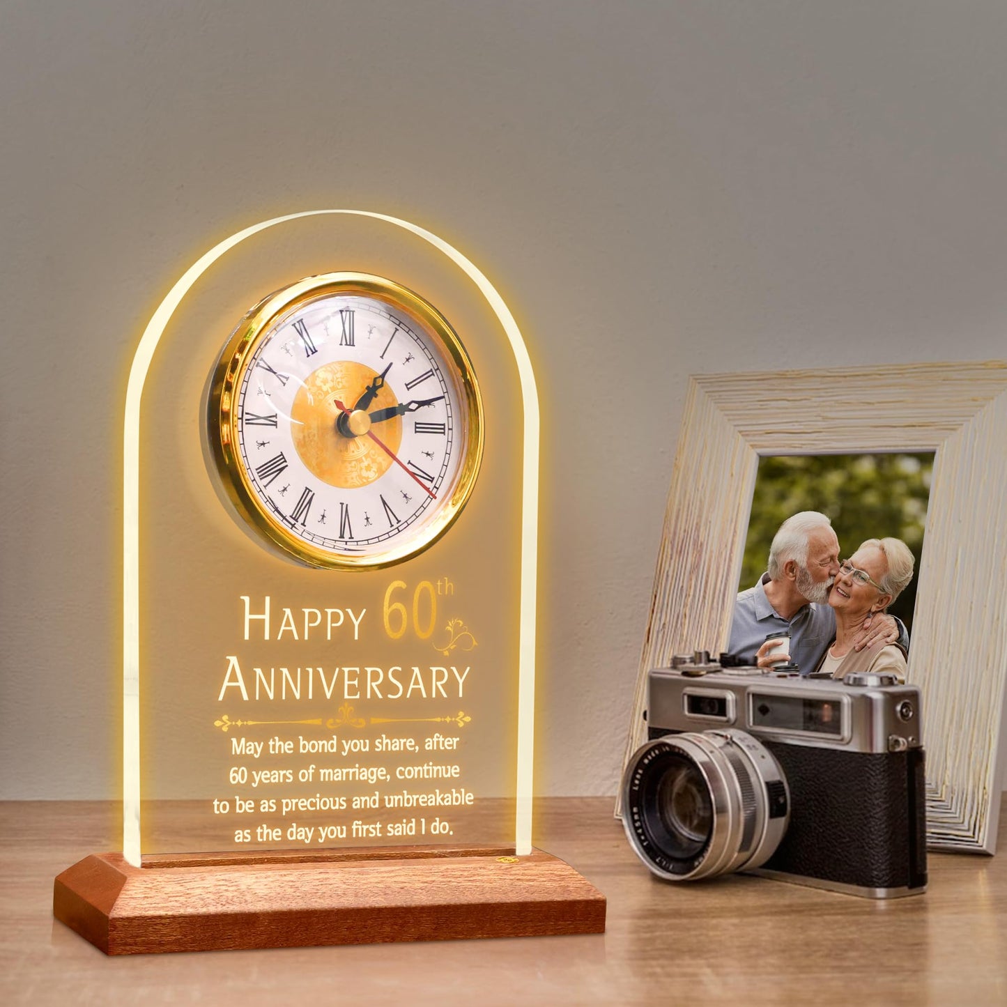 OkiyiD 60th Anniversary Wedding Gift, Anniversary Quartz Clock, Desk Table Clock, 60 Years of Marriage, Diamond Wedding for Couple, Parents,