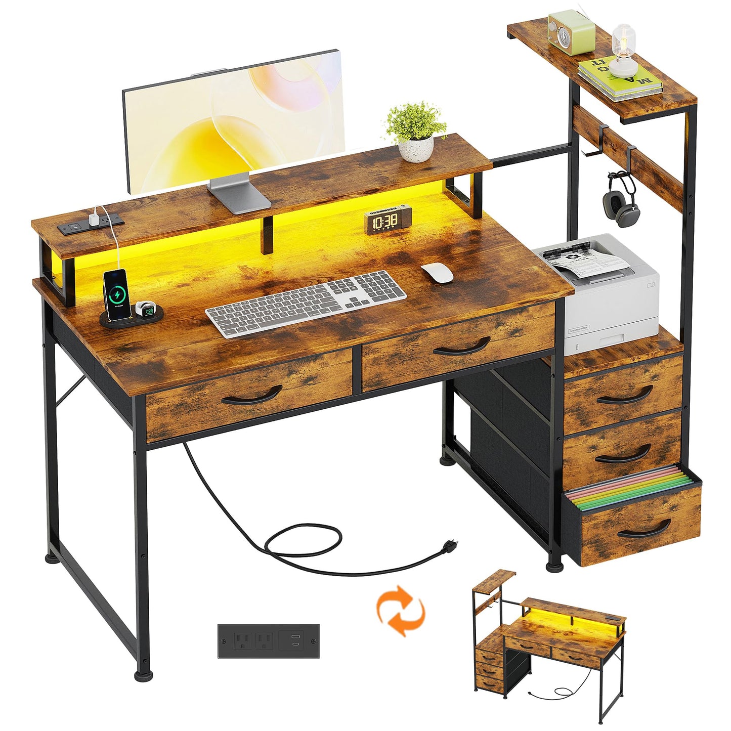 WEMANER 120cm Computer Desk with 5 Fabric Drawers, Reversible Home Office Desk with Printer Cabinet, Writing Desk with Monitor Stand & Power Outlets