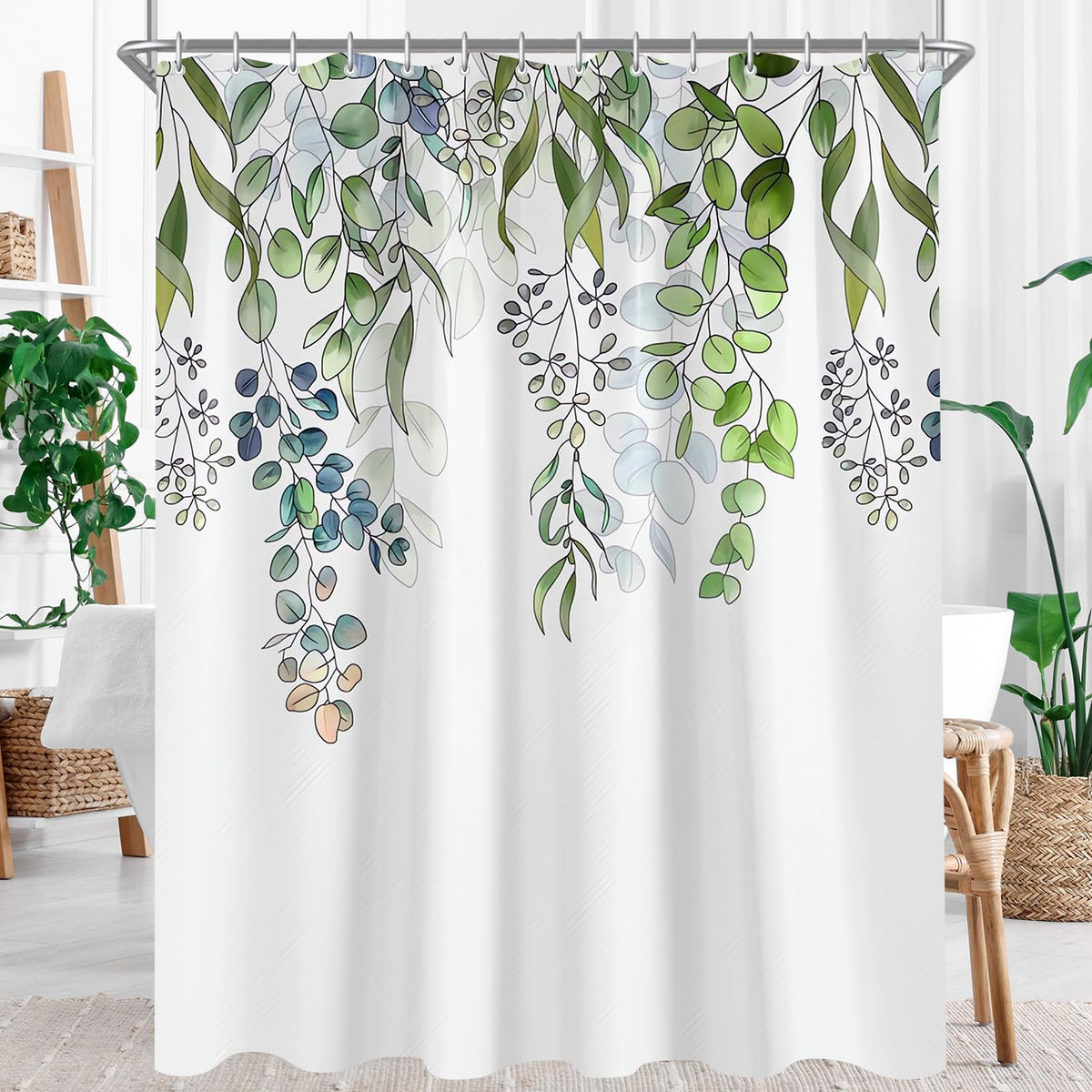 Lerores Shower Curtain, 80 x 180 cm, Green Leaves Anti-Mould Textile, Weighted Hem Water-Repellent, Washable Polyester Fabric Bath Curtains with
