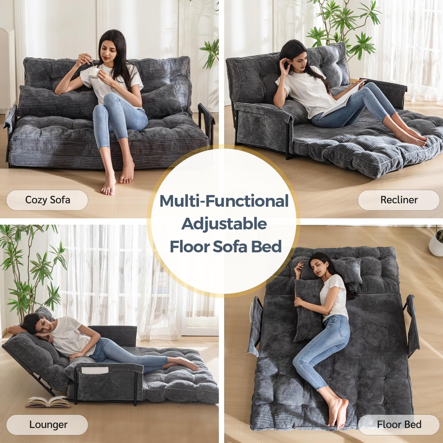 MAXYOYO Adjustable Floor Sofa Couch with 2 Pillows, Multi-Functional Bean Bag Bed, 5-Position Foldable Lazy Sofa Sleeper Bed with Armrest
