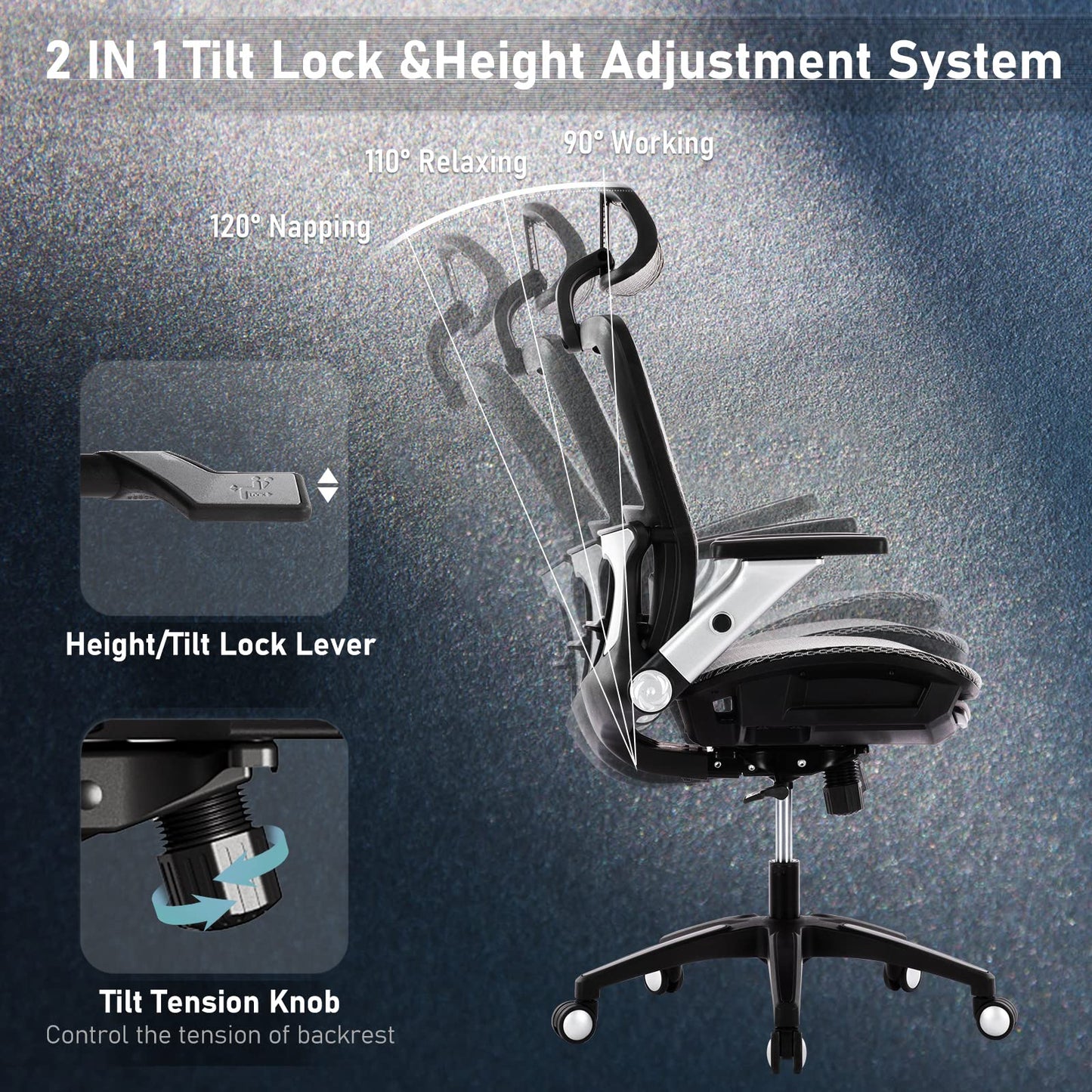 COLAMY Ergonomic Mesh Office Chair with Footrest, High Back Computer Chair with Lumbar Support, 4D Flip-up Armrests, Adjustable Headrest, Tilt Lock