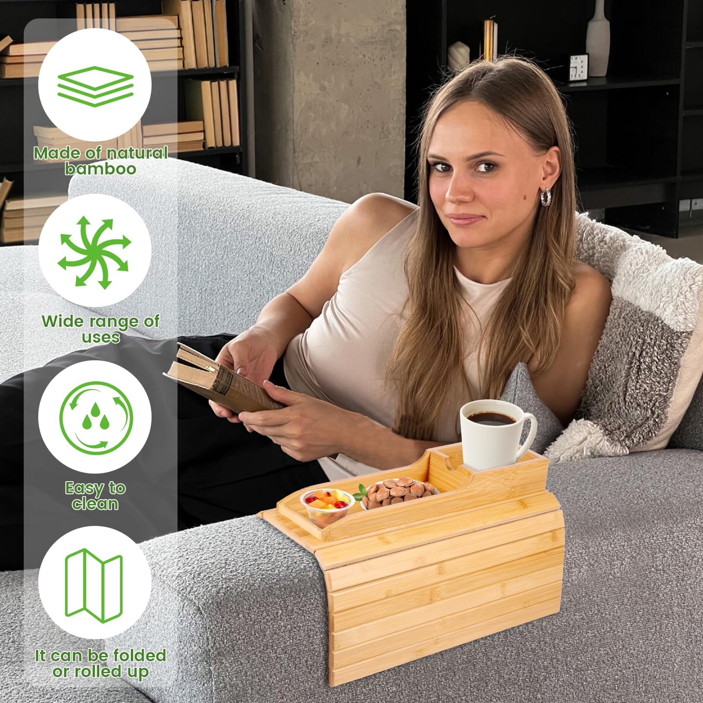 Foldable Sofa Arm Tray Table - Natural Pine Wood Side Table, Armrest Clip Tray, Waterproof Couch Organizer, Drink Snack Remote Control Holder (D)