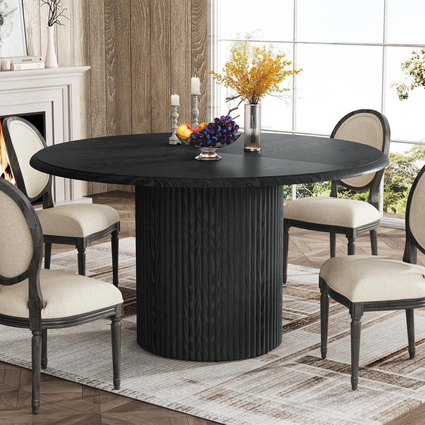 Tribesigns 47" Round Dining Table for 4, Farmhouse Kitchen Table with Metal Base, Modern Small Dinner Table for Dining Room,Kitchen, Black