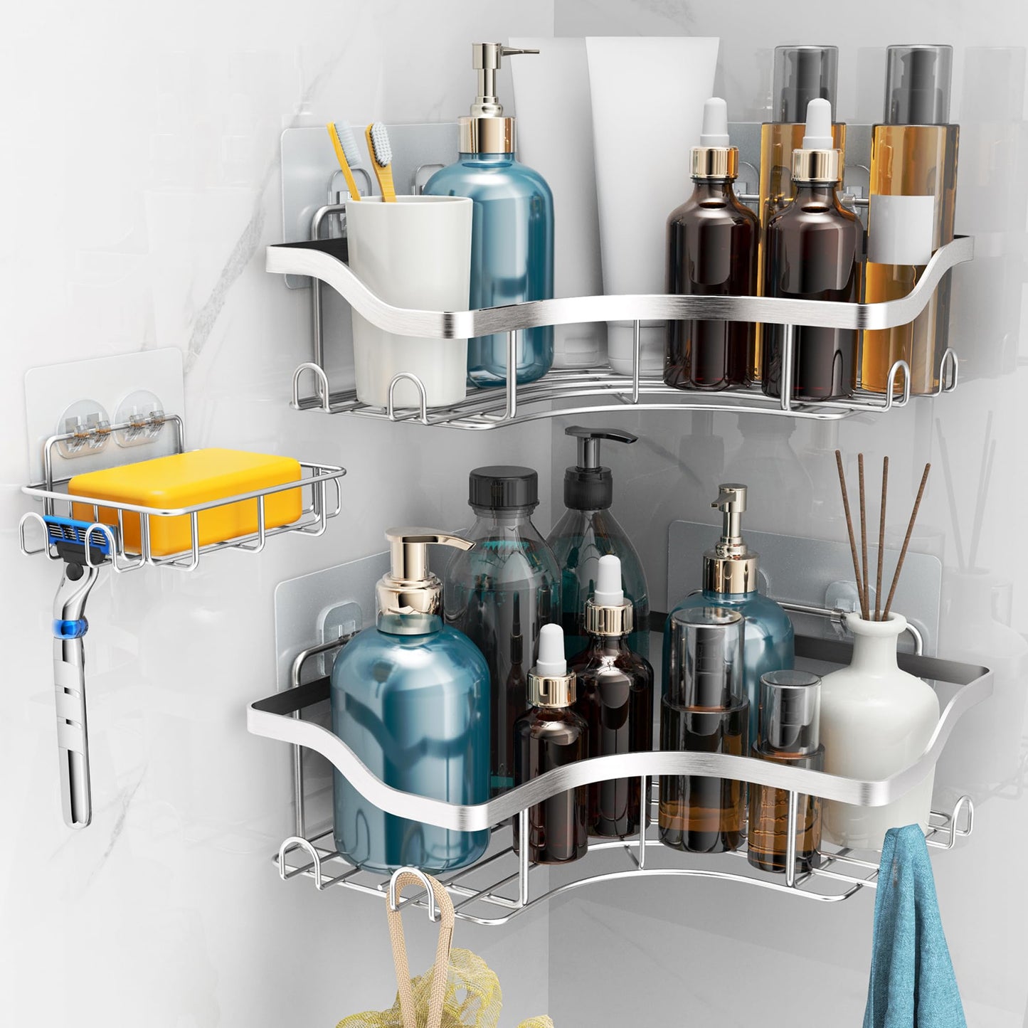 OETAMS Shower Caddy Corner with Soap Holder 3 Pack Shower Organizer Sliver