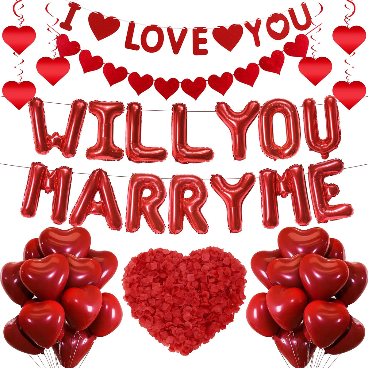 Will You Marry Me Decorations - 46 Pcs Proposal Decoration I Love You Banner Red Heart Balloons Love Heart Hanging 500 Artificial Rose Petals For