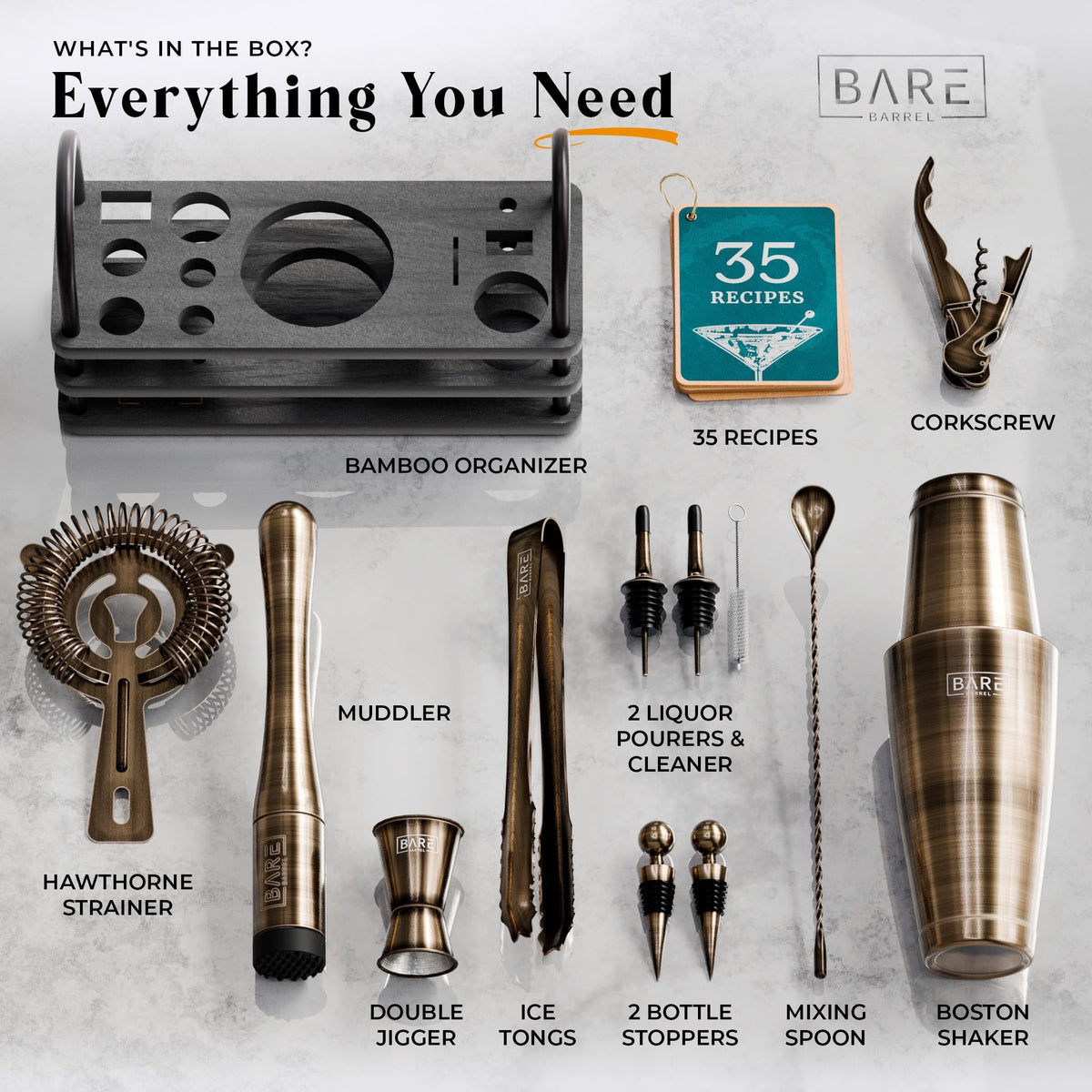 BARE BARREL Cocktail Making Kit | 14-Piece Bartender Kit Cocktail Shaker Set Maker | Display Stand & 35 Recipe Cards | Mixology Cocktail Gift Set