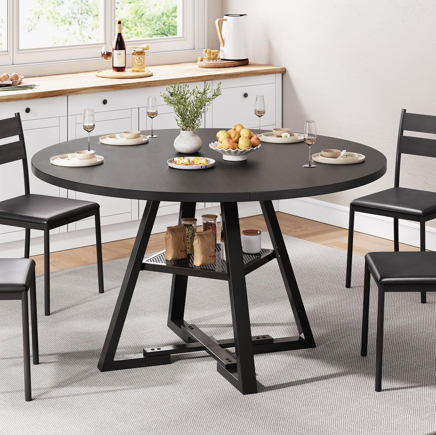Jocoevol Round Dining Table for 2-4 People, Circle Dinner Table with Shelves, Space Saving Wood Kitchen & Dining Room Furniture (Black, 42 inch