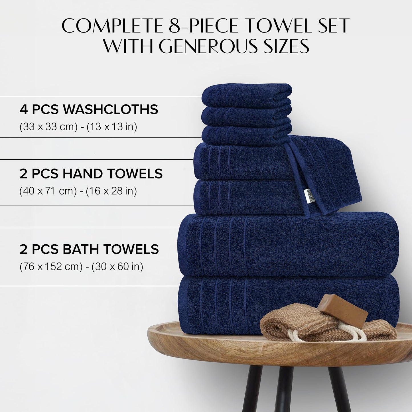100% Cotton 8 Piece Towel Bale Set - Luxury Bathroom Towels (Navy)