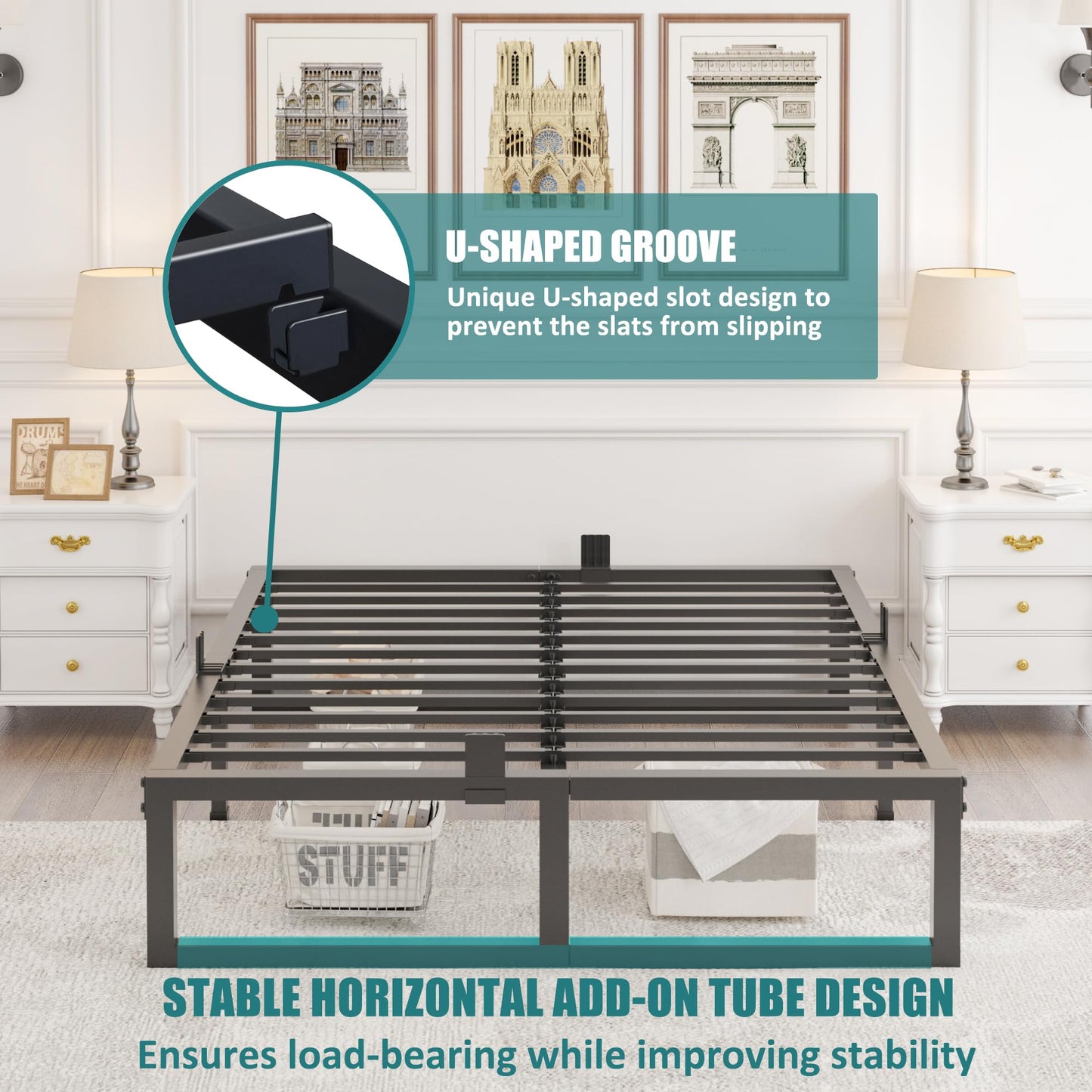 Yitong Angel 6ft Super King Bed Frame 180x200 cm - 36cm High Heavy Duty Metal Bed Frame Super King with No Box Spring Needed Platform Bed Base Noise