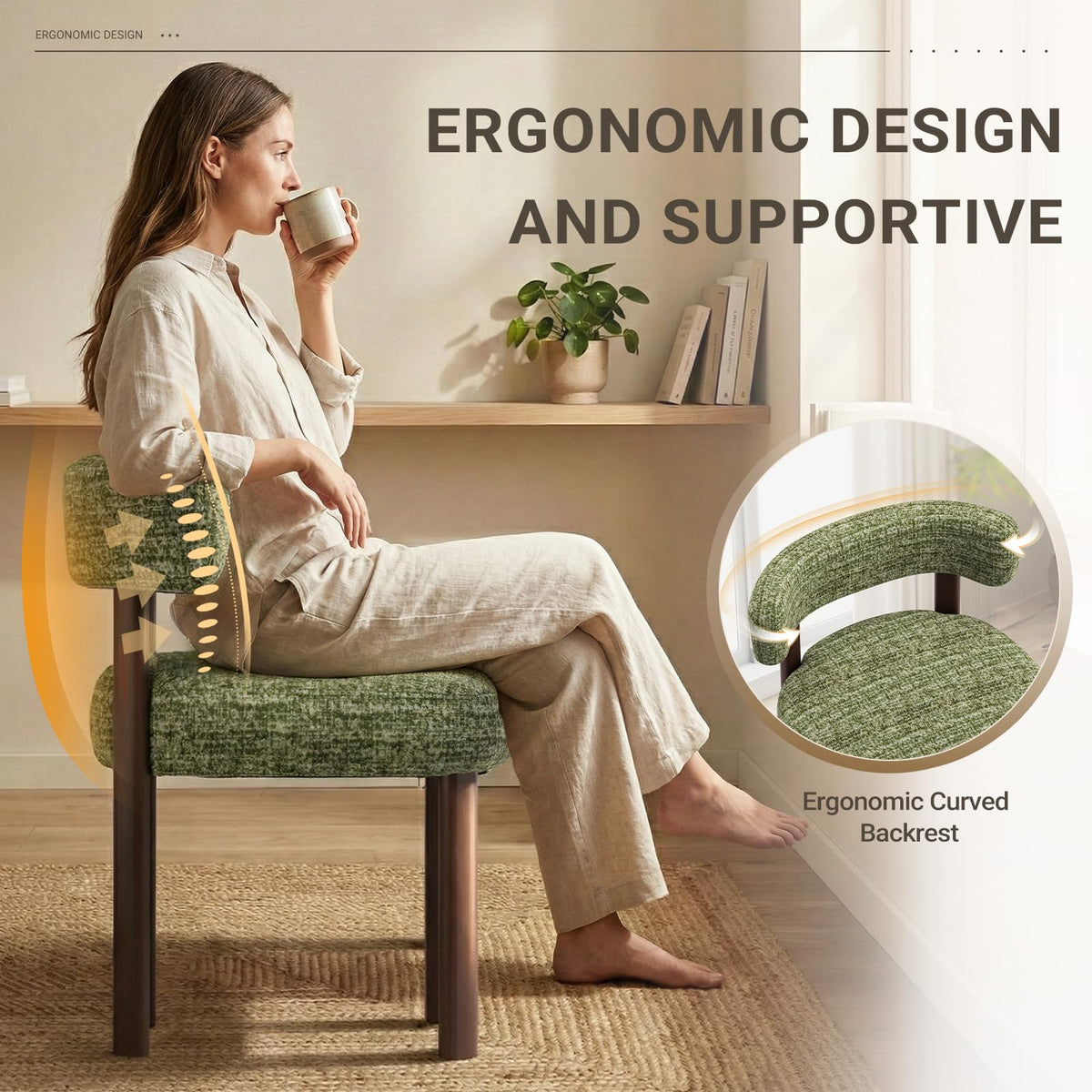 COLAMY Wooden Dining Chairs Set of 2, Fabric Chairs for Dining Room with Open Curved Backrest and Thick Seat Cushion