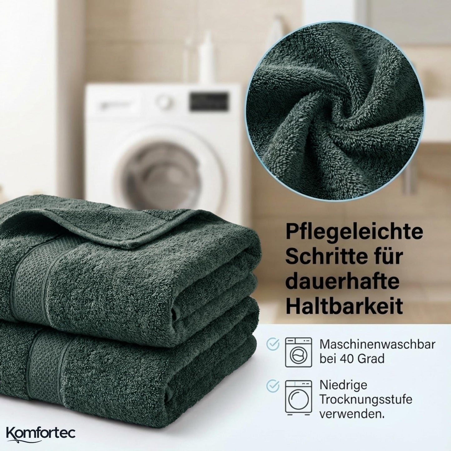 Komfortec 8 Piece Towel Set 100% Cotton Charcoal Dark Green