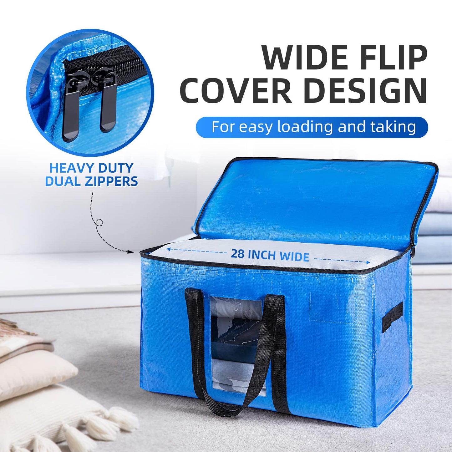 TAILI Moving Bags Extra Large Storage Bags 4 Pack, Clear Window & Reinforced Handles,Heavy Duty Storage Bags with Zips for