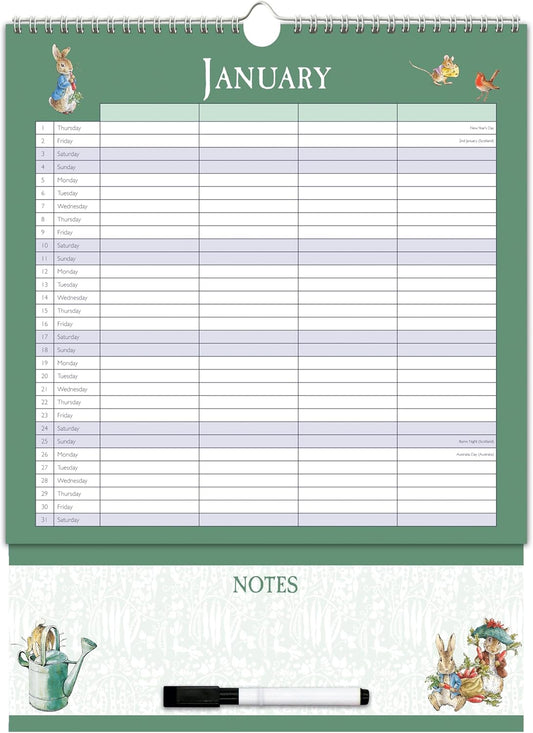 Peter Rabbit 2026 Family Organiser Wall Calendar | Large 4-Column Monthly Planner with Wipe-Clean Notes Section, Pen & Hanging Loop | Beatrix Potter Design