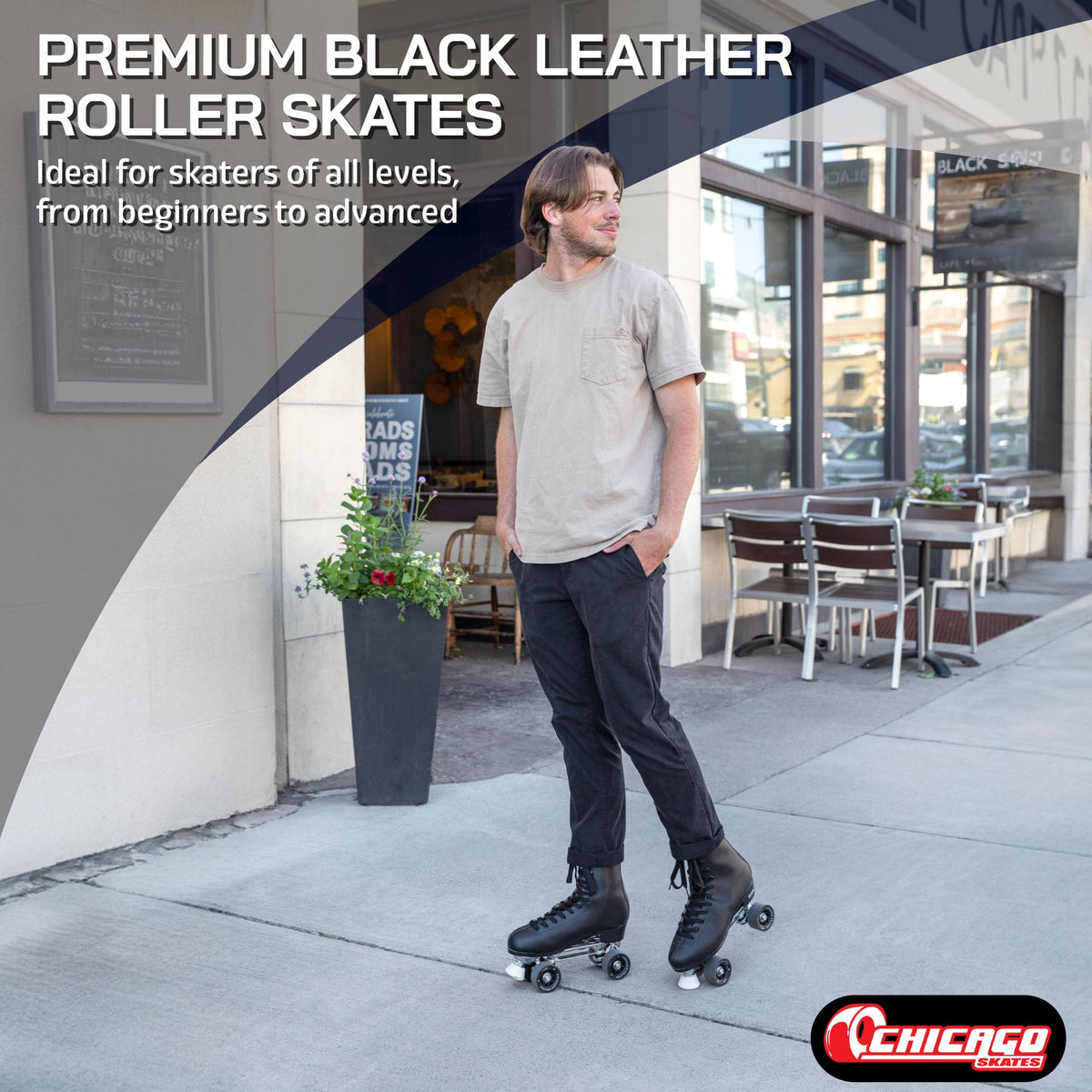Chicago Skates Men's Premium Leather Lined Rink Roller Skate - Classic Black Quad Skates - Size 6