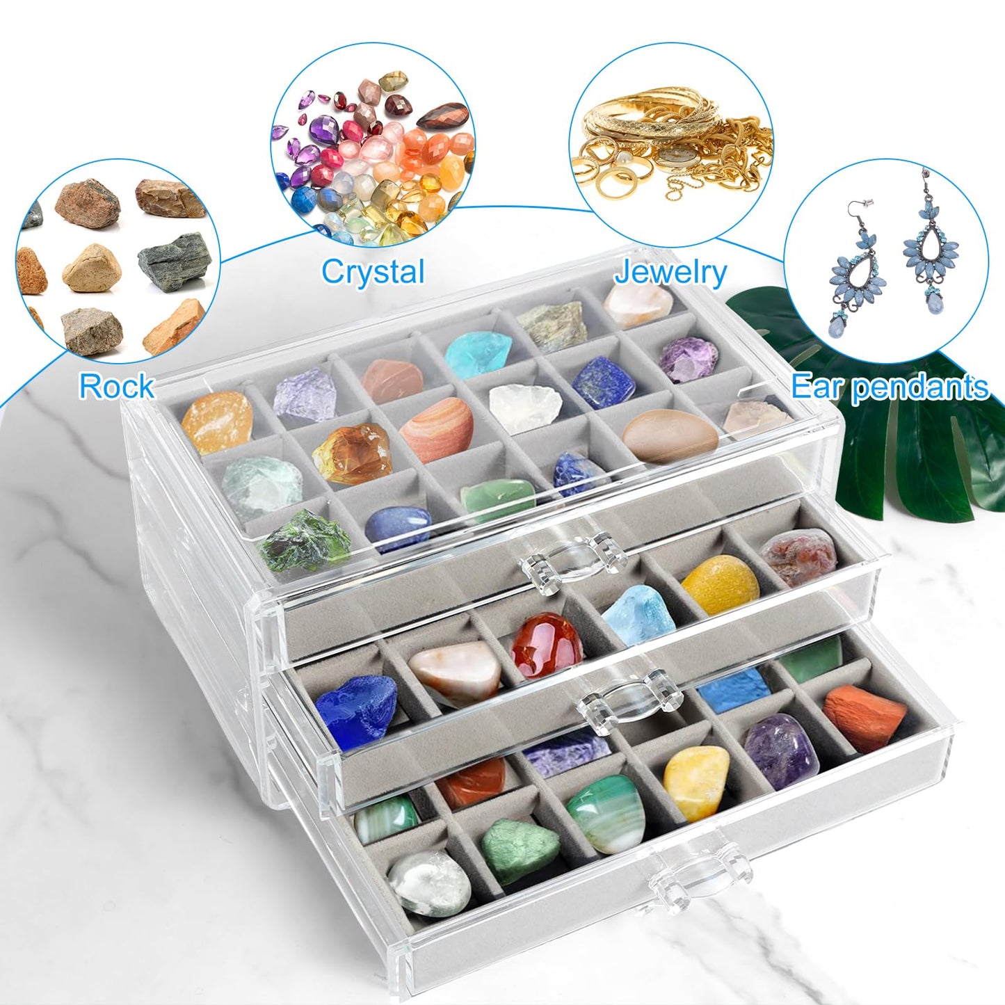 Rock Display Case With 3 Drawers - 54 Grids Collection Box for Clear Crystals, Gemstones, and Kids' Rocks