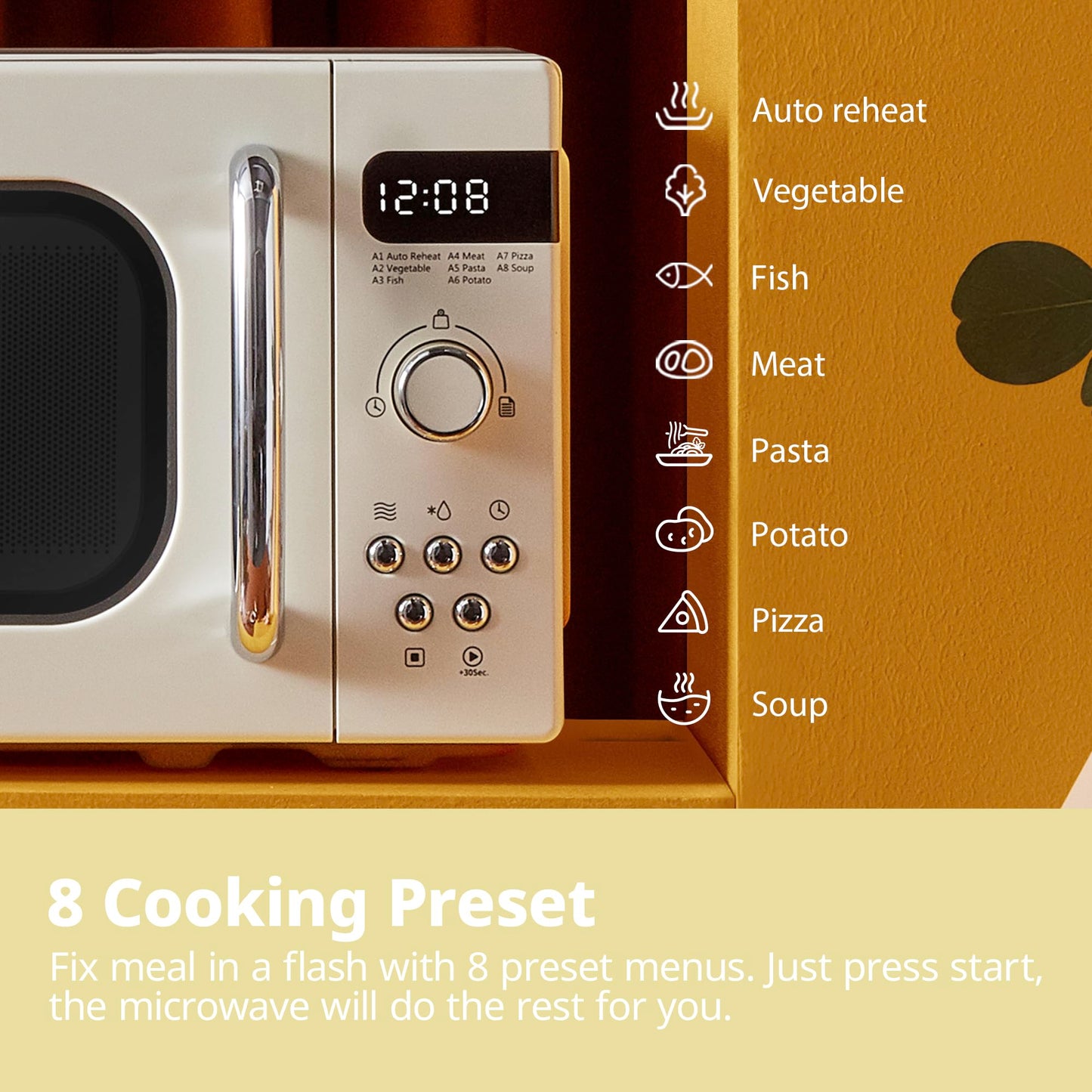 COMFEE' Retro Style 800w 20L Microwave Oven with 8 Auto Menus, 5 Cooking Power Levels, and Express Cook Button - Apricot Cream - CM-M202RAF(CM)